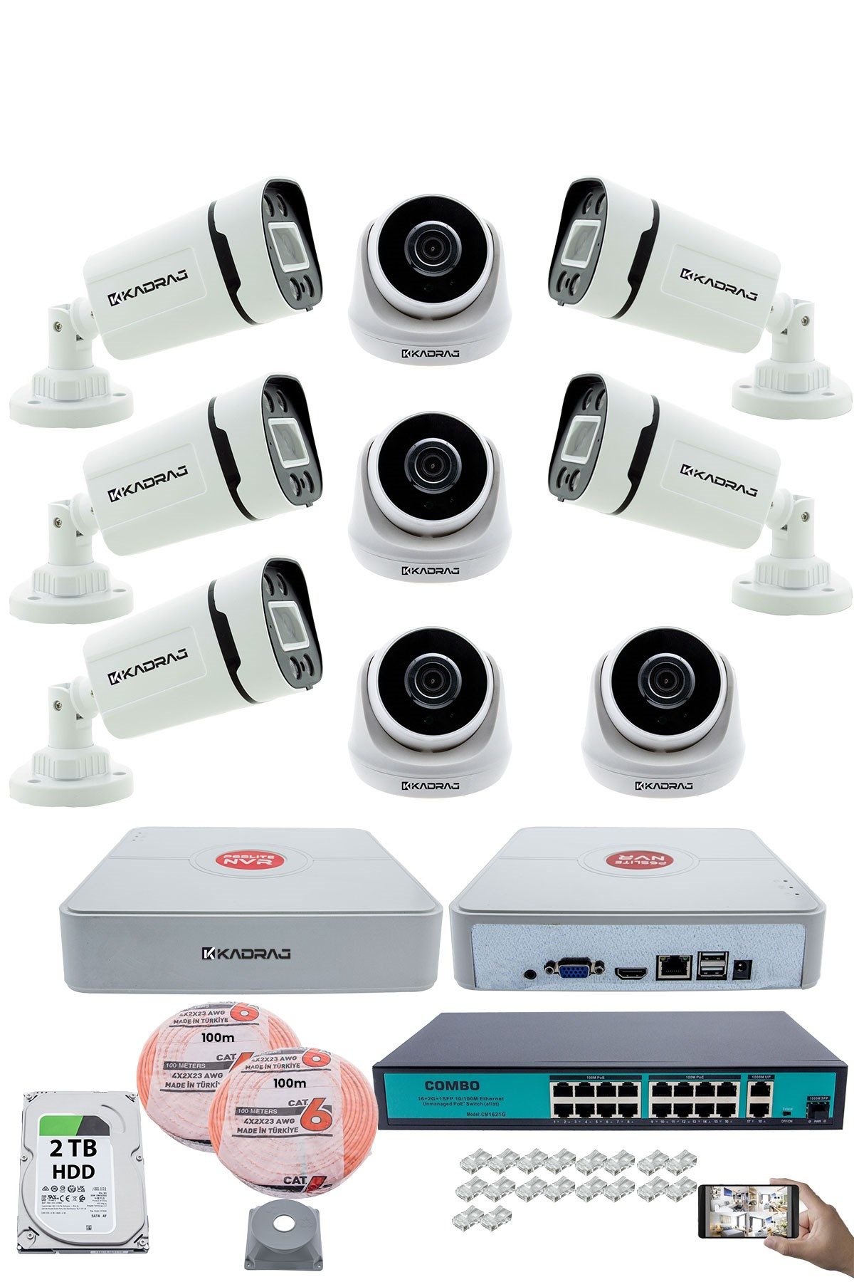 Kadraj IP Güvenlik Kamera Seti - 4 İç Mekan IP Kamera, 5 Dış Mekan IP Kamera, 2TB H.D.D, 16 Kanal NVR, Gece Görüş, Uzaktan İzleme, Hareket Tabiki, İnsan Tes