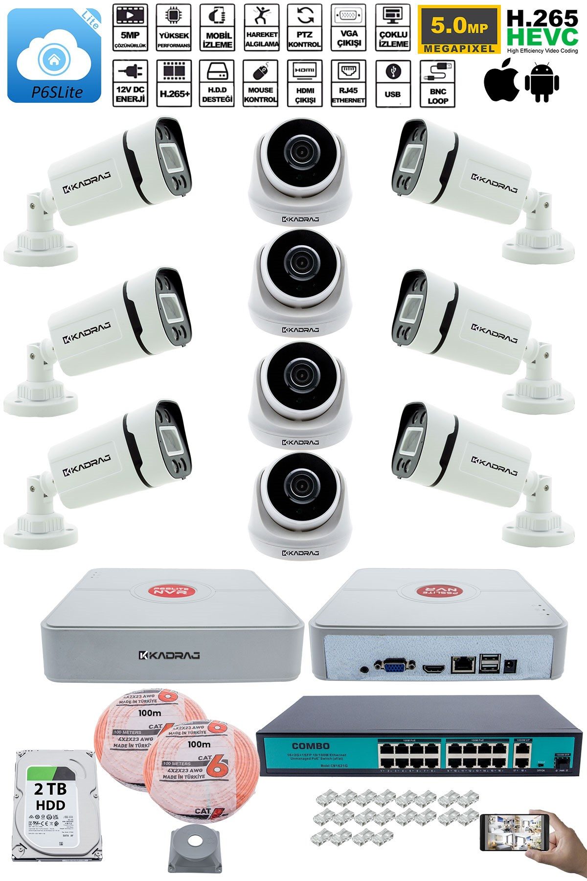 Kadraj IP Güvenlik Kamera Seti - 4 İç Mekan IP Kamera, 6 Dış Mekan IP Kamera, 2TB H.D.D, 16 Kanal NVR, Gece Görüş, Uzaktan İzleme, Hareket Tabiki, İnsan Tes - görsel 2