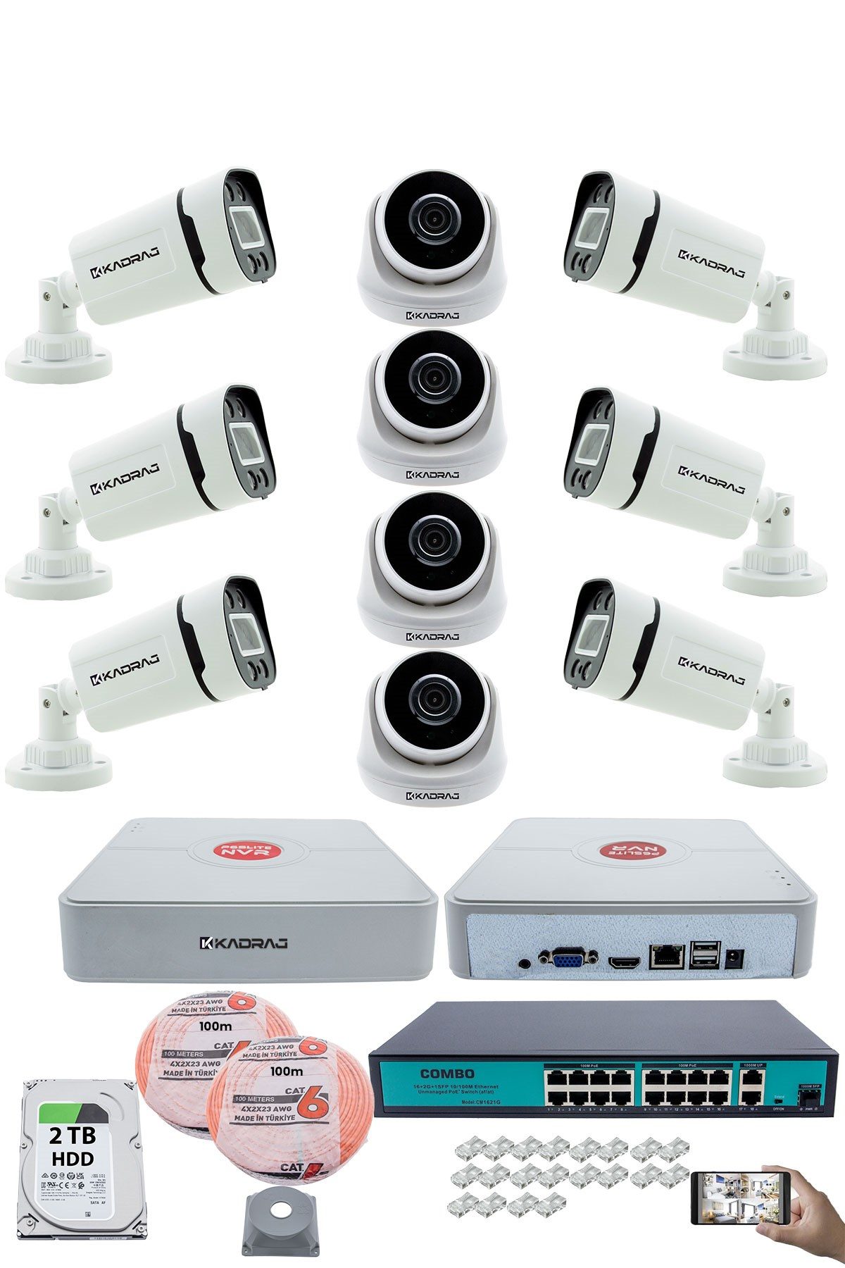 Kadraj IP Güvenlik Kamera Seti - 4 İç Mekan IP Kamera, 6 Dış Mekan IP Kamera, 2TB H.D.D, 16 Kanal NVR, Gece Görüş, Uzaktan İzleme, Hareket Tabiki, İnsan Tes
