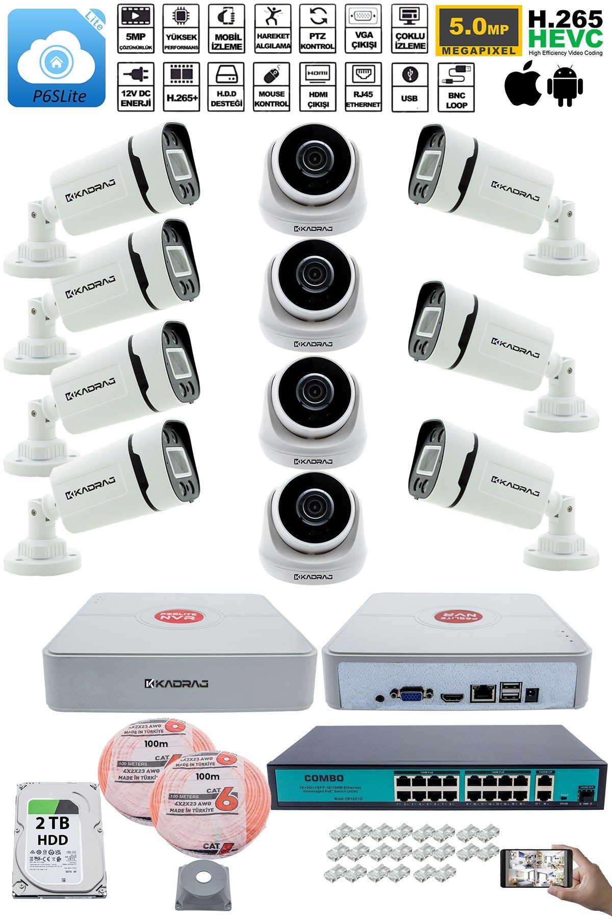 Kadraj IP Güvenlik Kamera Seti - 4 İç Mekan IP Kamera, 7 Dış Mekan IP Kamera, 2TB H.D.D, 16 Kanal NVR, Gece Görüş, Uzaktan İzleme, Hareket Tabiki, İnsan Tes - görsel 2