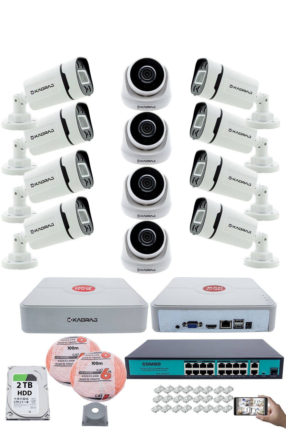 Kadraj IP Güvenlik Kamera Seti - 4 İç Mekan IP Kamera, 8 Dış Mekan IP Kamera, 2TB H.D.D, 16 Kanal NVR, Gece Görüş, Uzaktan İzleme, Hareket Tabiki, İnsan Tes
