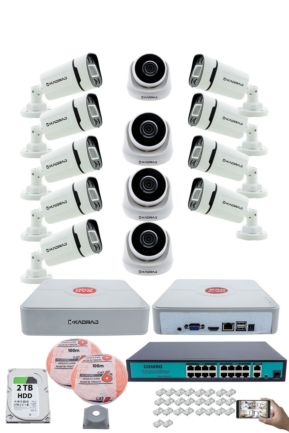 Kadraj IP Güvenlik Kamera Seti - 4 İç Mekan IP Kamera, 9 Dış Mekan IP Kamera, 2TB H.D.D, 16 Kanal NVR, Gece Görüş, Uzaktan İzleme, Hareket Tabiki, İnsan Tes