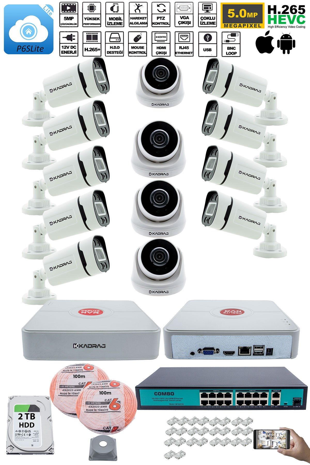 Kadraj IP Güvenlik Kamera Seti - 4 İç Mekan IP Kamera, 9 Dış Mekan IP Kamera, 2TB H.D.D, 16 Kanal NVR, Gece Görüş, Uzaktan İzleme, Hareket Tabiki, İnsan Tes - görsel 2