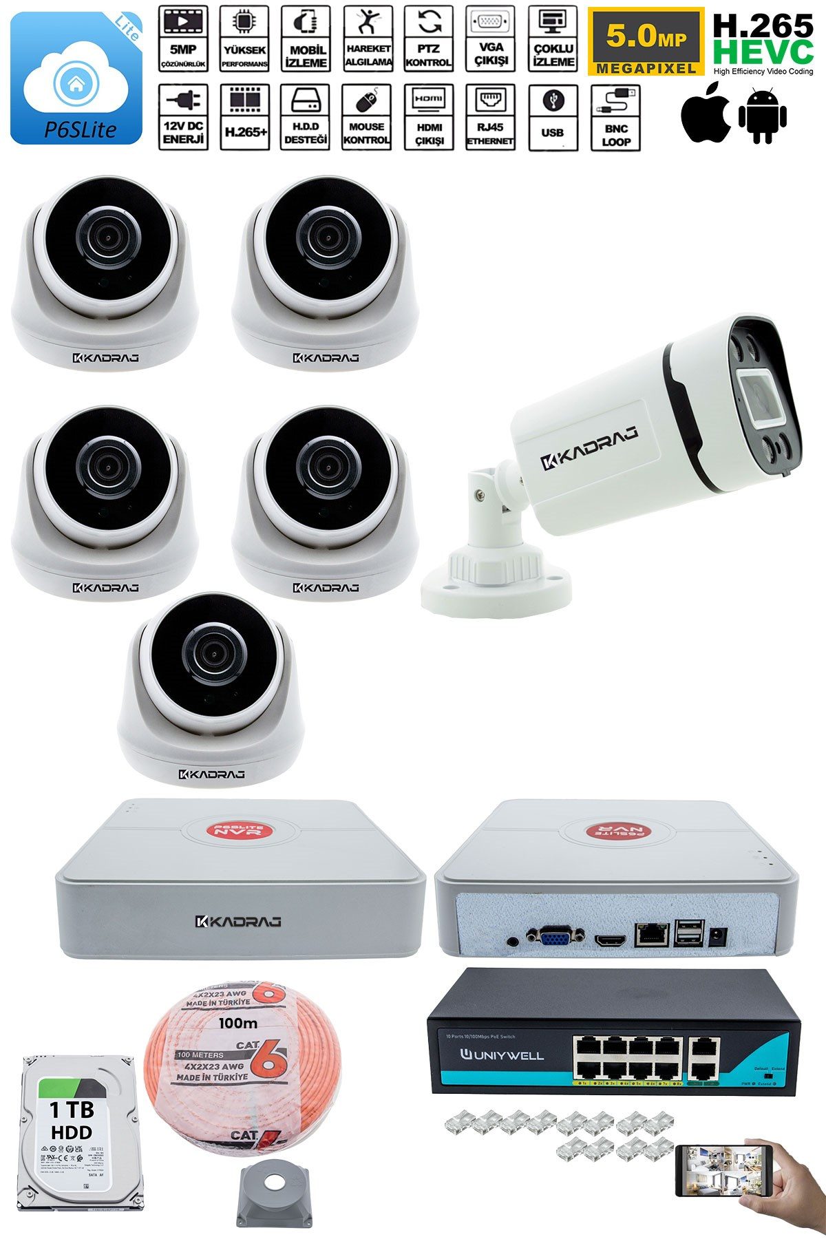 Kadraj IP Güvenlik Kamera Seti - 5 İç Mekan IP Kamera, 1 Dış Mekan IP Kamera, 1TB H.D.D, 9 Kanal NVR, Gece Görüş, Uzaktan İzleme, Hareket Tabiki, İnsan Tespi - görsel 2