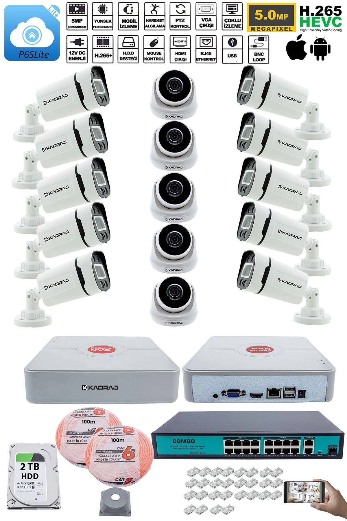 Kadraj IP Güvenlik Kamera Seti - 5 İç Mekan IP Kamera, 10 Dış Mekan IP Kamera, 2TB H.D.D, 16 Kanal NVR, Gece Görüş, Uzaktan İzleme, Hareket Tabiki, İnsan Tes - görsel 2