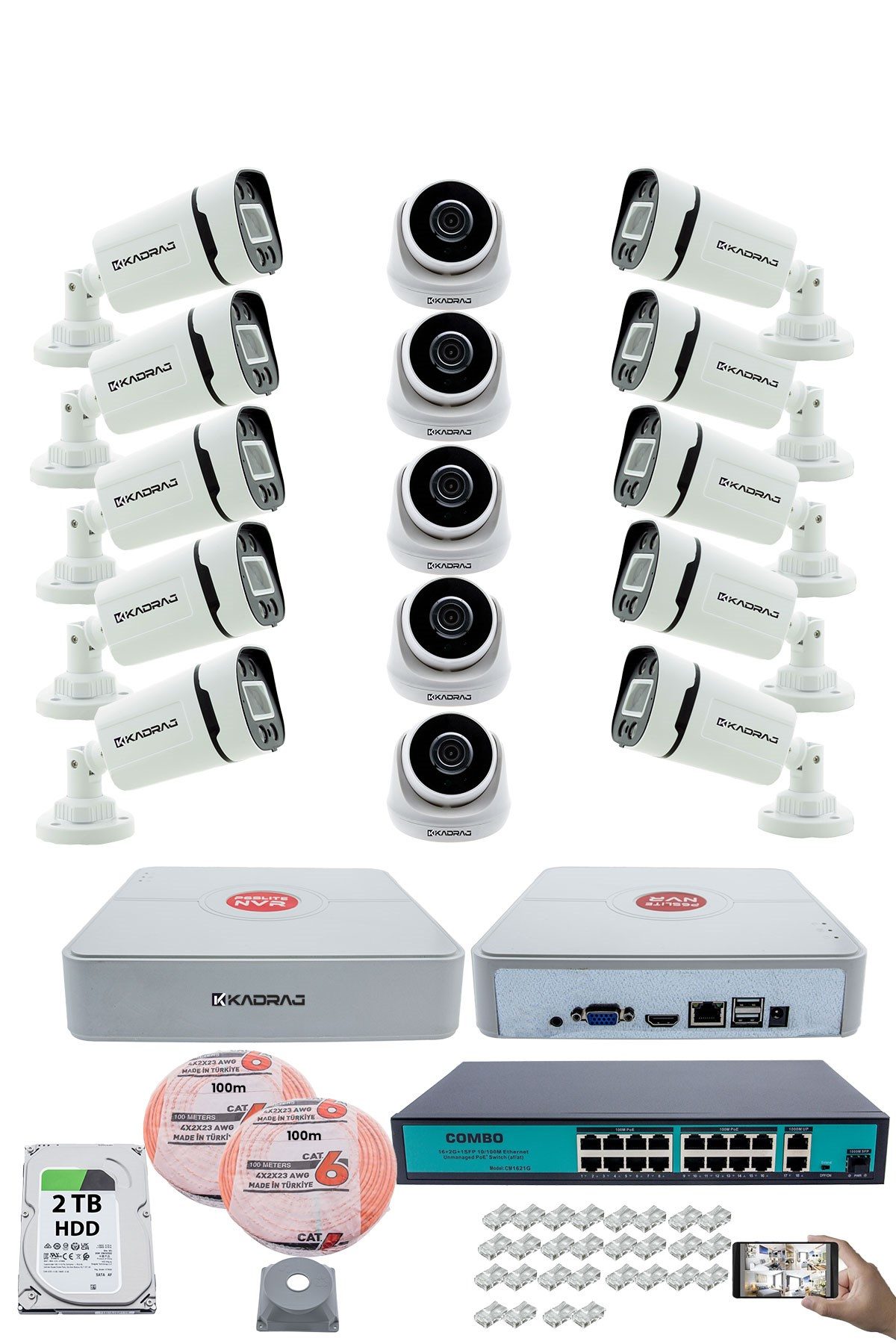 Kadraj IP Güvenlik Kamera Seti - 5 İç Mekan IP Kamera, 10 Dış Mekan IP Kamera, 2TB H.D.D, 16 Kanal NVR, Gece Görüş, Uzaktan İzleme, Hareket Tabiki, İnsan Tes