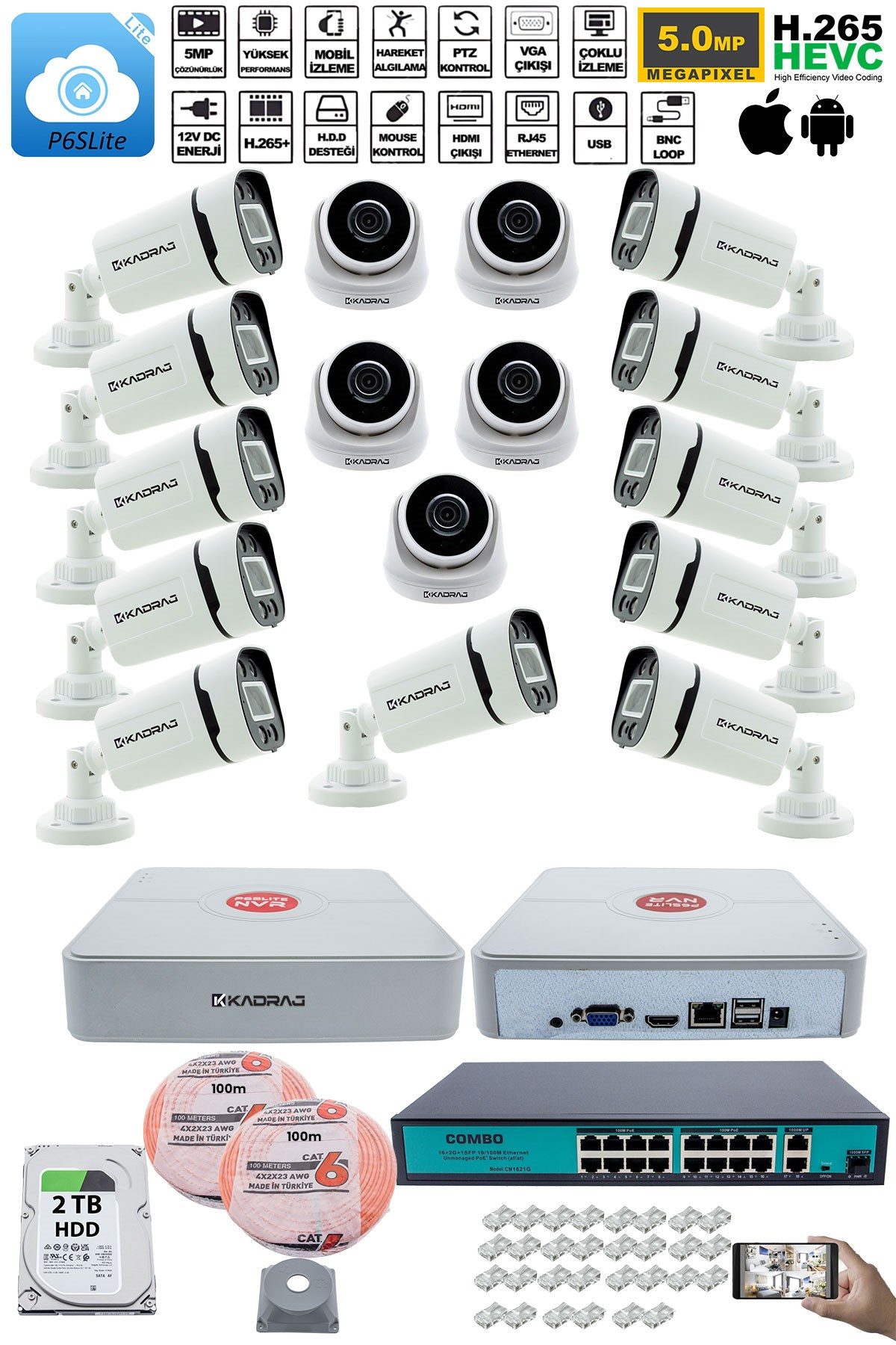 Kadraj IP Güvenlik Kamera Seti - 5 İç Mekan IP Kamera, 11 Dış Mekan IP Kamera, 2TB H.D.D, 16 Kanal NVR, Gece Görüş, Uzaktan İzleme, Hareket Tabiki, İnsan Tes - görsel 2