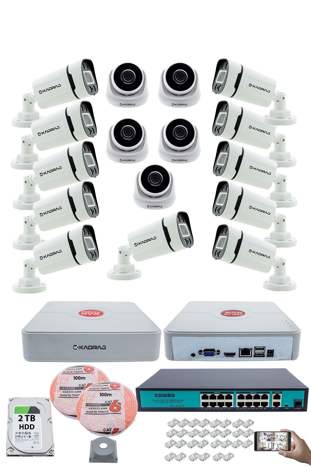 Kadraj IP Güvenlik Kamera Seti - 5 İç Mekan IP Kamera, 11 Dış Mekan IP Kamera, 2TB H.D.D, 16 Kanal NVR, Gece Görüş, Uzaktan İzleme, Hareket Tabiki, İnsan Tes