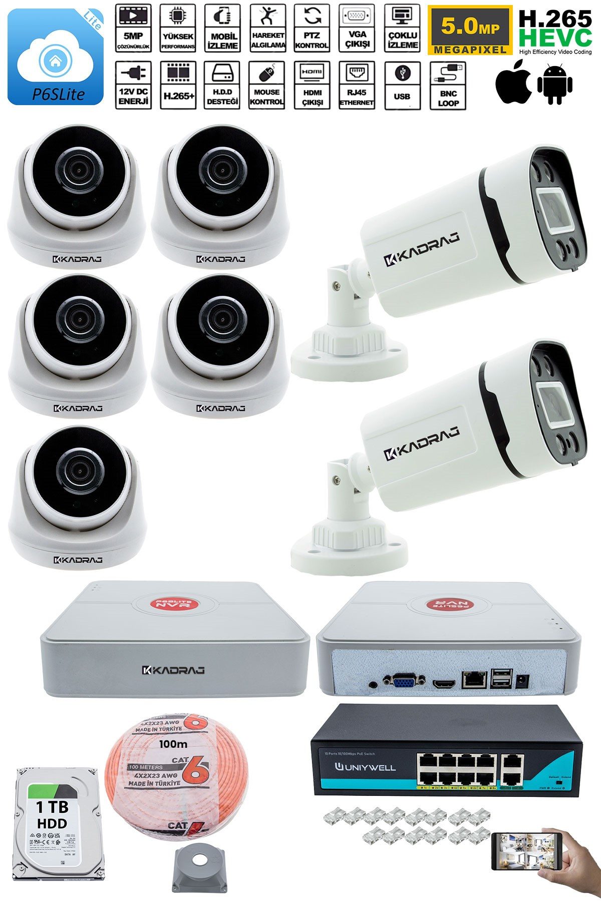 Kadraj IP Güvenlik Kamera Seti - 5 İç Mekan IP Kamera, 2 Dış Mekan IP Kamera, 1TB H.D.D, 9 Kanal NVR, Gece Görüş, Uzaktan İzleme, Hareket Tabiki, İnsan Tespi - görsel 2