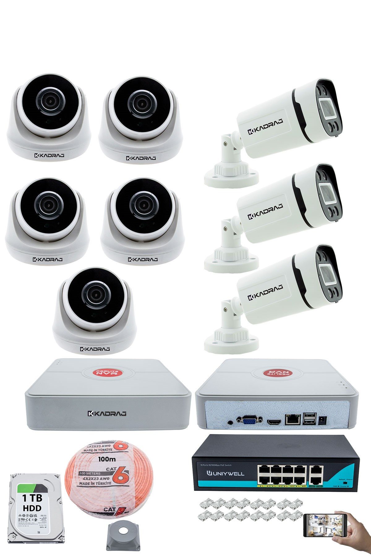 Kadraj IP Güvenlik Kamera Seti - 5 İç Mekan IP Kamera, 3 Dış Mekan IP Kamera, 1TB H.D.D, 9 Kanal NVR, Gece Görüş, Uzaktan İzleme, Hareket Tabiki, İnsan Tespi