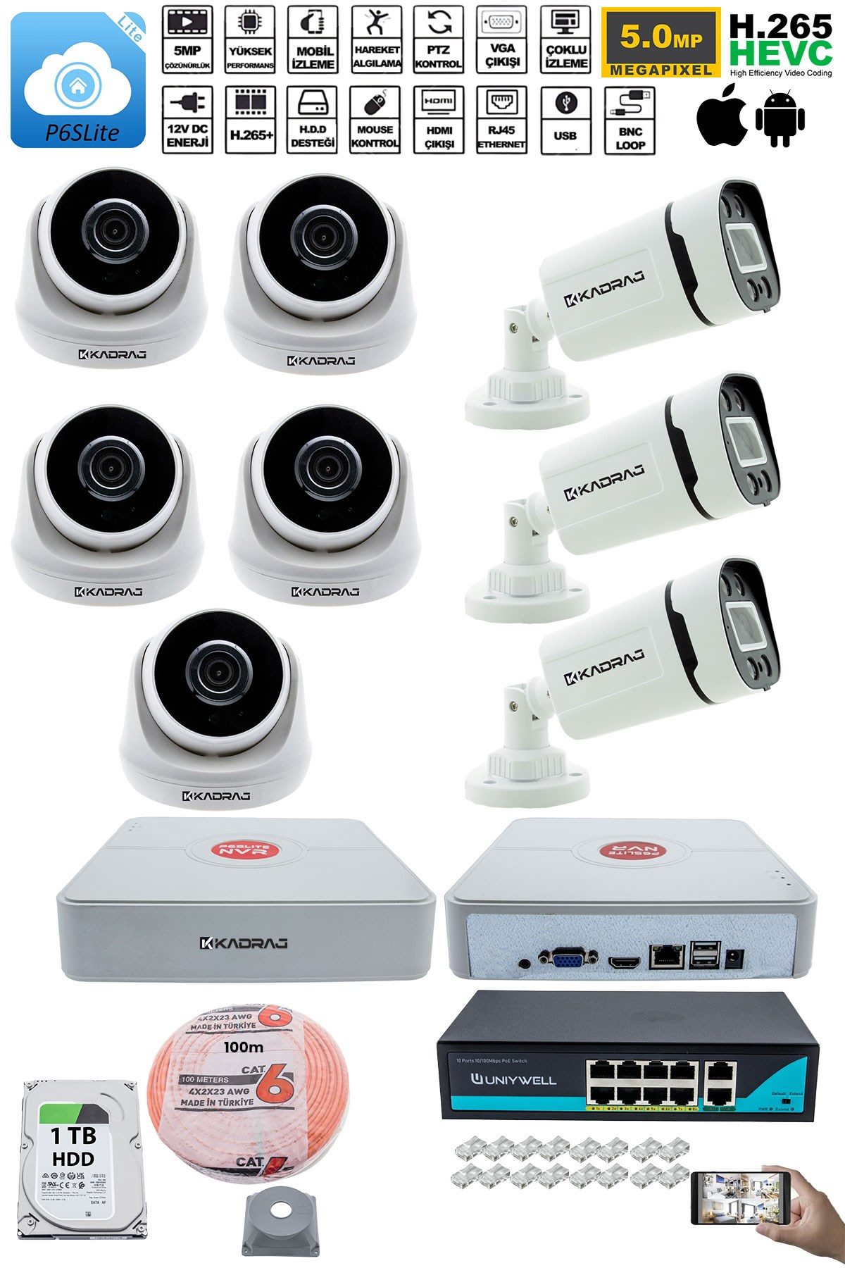 Kadraj IP Güvenlik Kamera Seti - 5 İç Mekan IP Kamera, 3 Dış Mekan IP Kamera, 1TB H.D.D, 9 Kanal NVR, Gece Görüş, Uzaktan İzleme, Hareket Tabiki, İnsan Tespi - görsel 2