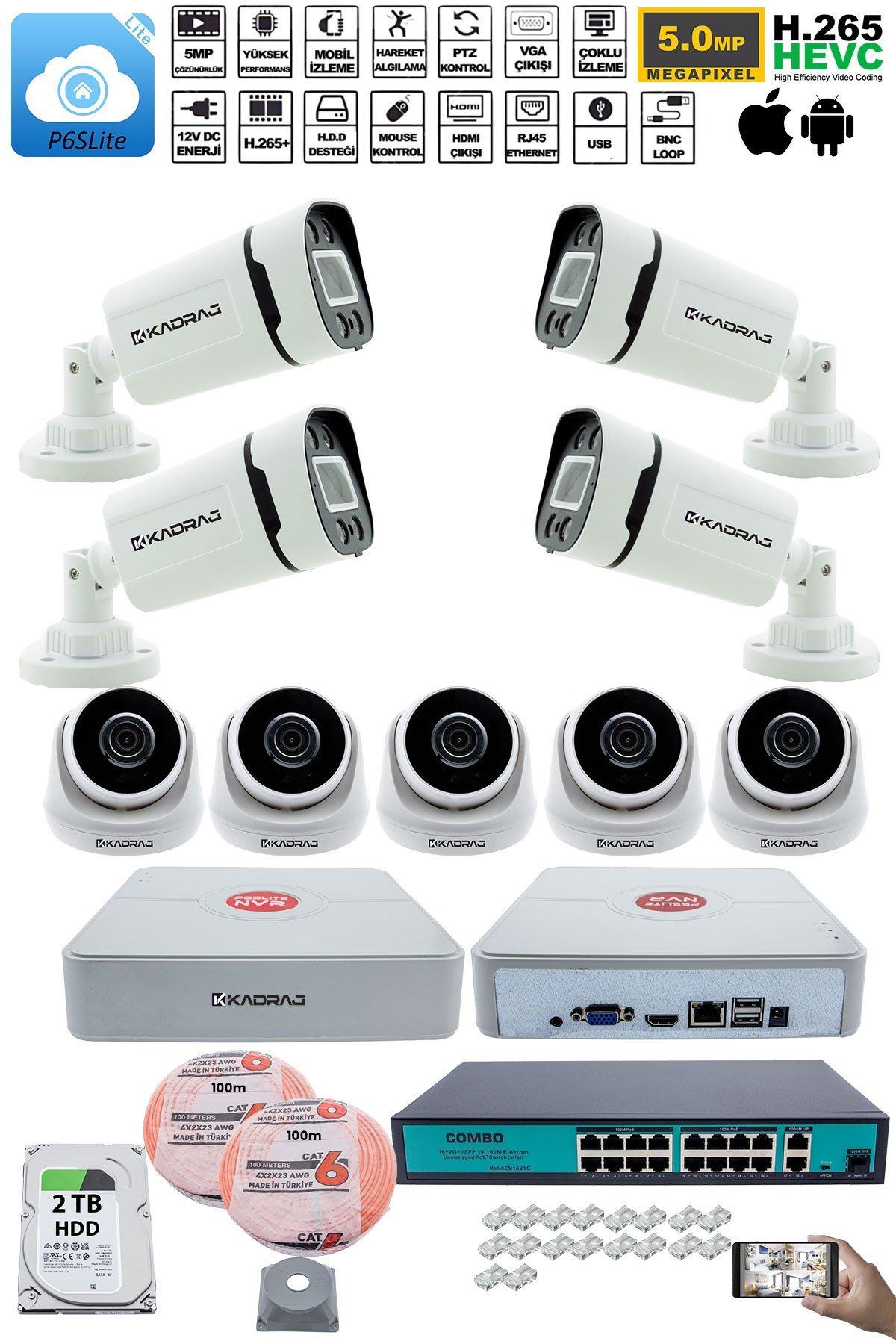 Kadraj IP Güvenlik Kamera Seti - 5 İç Mekan IP Kamera, 4 Dış Mekan IP Kamera, 2TB H.D.D, 16 Kanal NVR, Gece Görüş, Uzaktan İzleme, Hareket Tabiki, İnsan Tes - görsel 2