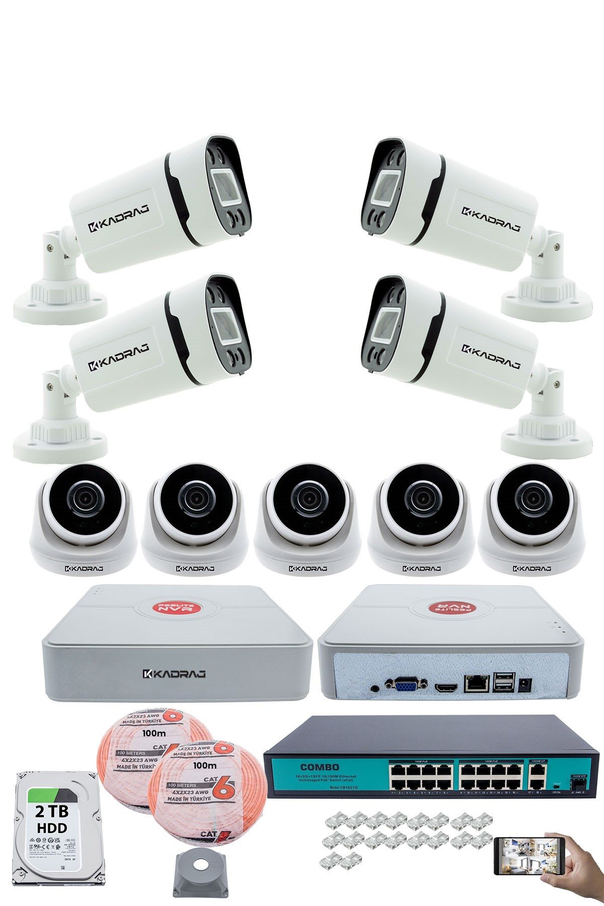 Kadraj IP Güvenlik Kamera Seti - 5 İç Mekan IP Kamera, 4 Dış Mekan IP Kamera, 2TB H.D.D, 16 Kanal NVR, Gece Görüş, Uzaktan İzleme, Hareket Tabiki, İnsan Tes