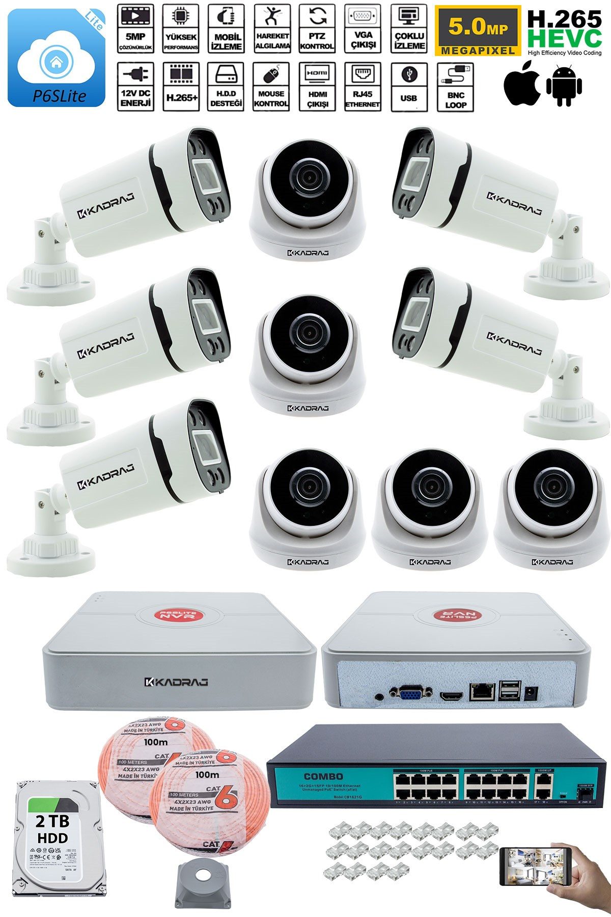 Kadraj IP Güvenlik Kamera Seti - 5 İç Mekan IP Kamera, 5 Dış Mekan IP Kamera, 2TB H.D.D, 16 Kanal NVR, Gece Görüş, Uzaktan İzleme, Hareket Tabiki, İnsan Tes - görsel 2