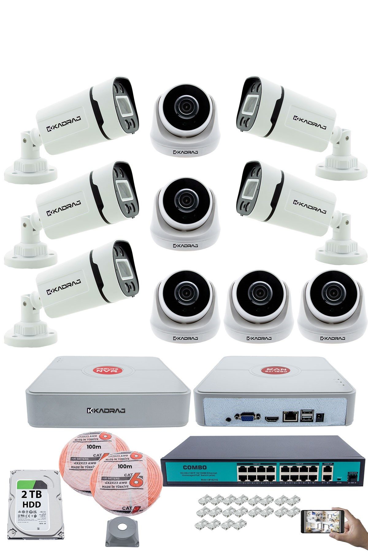 Kadraj IP Güvenlik Kamera Seti - 5 İç Mekan IP Kamera, 5 Dış Mekan IP Kamera, 2TB H.D.D, 16 Kanal NVR, Gece Görüş, Uzaktan İzleme, Hareket Tabiki, İnsan Tes