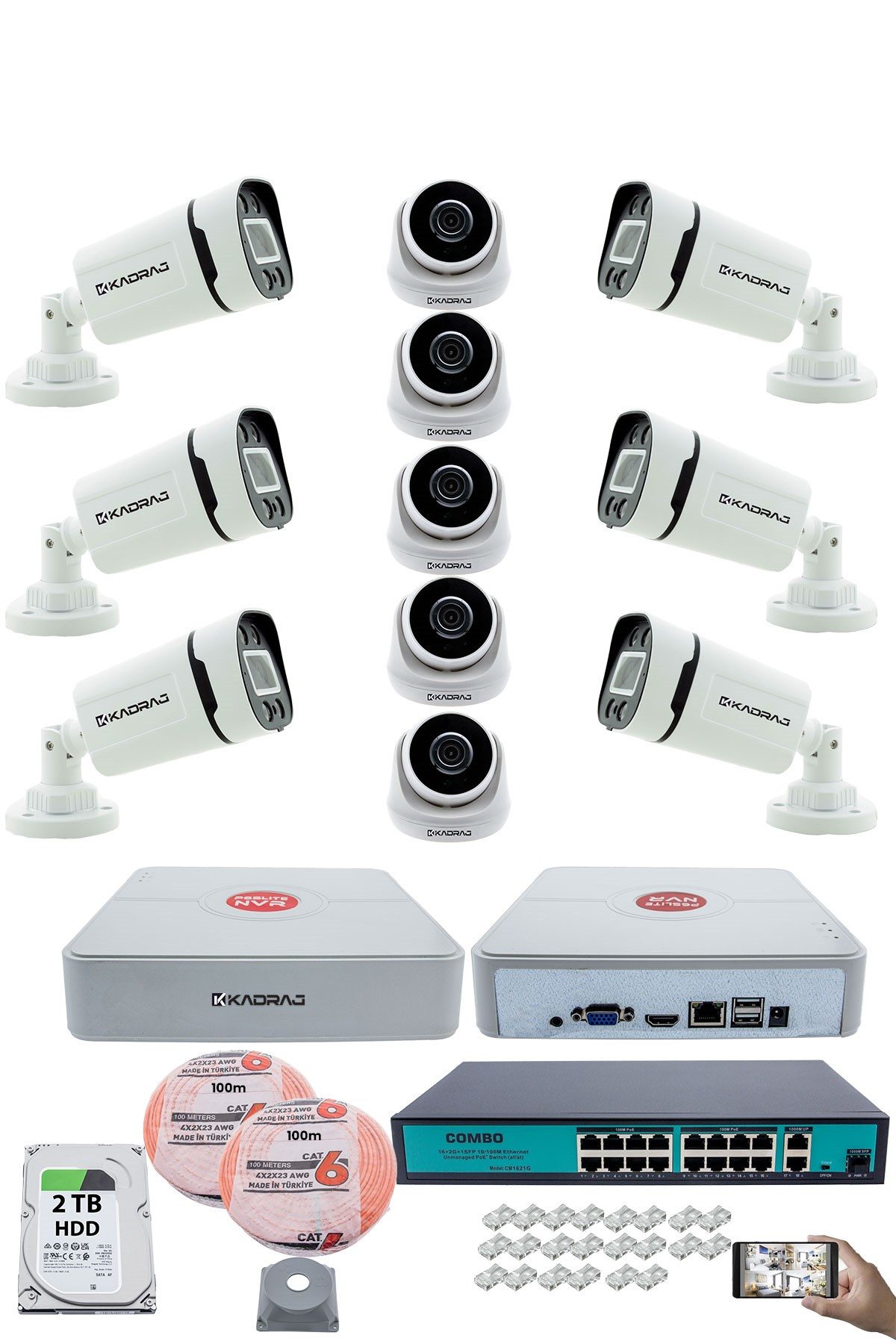 Kadraj IP Güvenlik Kamera Seti - 5 İç Mekan IP Kamera, 6 Dış Mekan IP Kamera, 2TB H.D.D, 16 Kanal NVR, Gece Görüş, Uzaktan İzleme, Hareket Tabiki, İnsan Tes