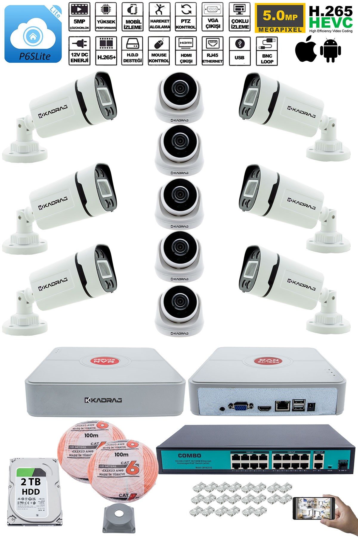 Kadraj IP Güvenlik Kamera Seti - 5 İç Mekan IP Kamera, 6 Dış Mekan IP Kamera, 2TB H.D.D, 16 Kanal NVR, Gece Görüş, Uzaktan İzleme, Hareket Tabiki, İnsan Tes - görsel 2