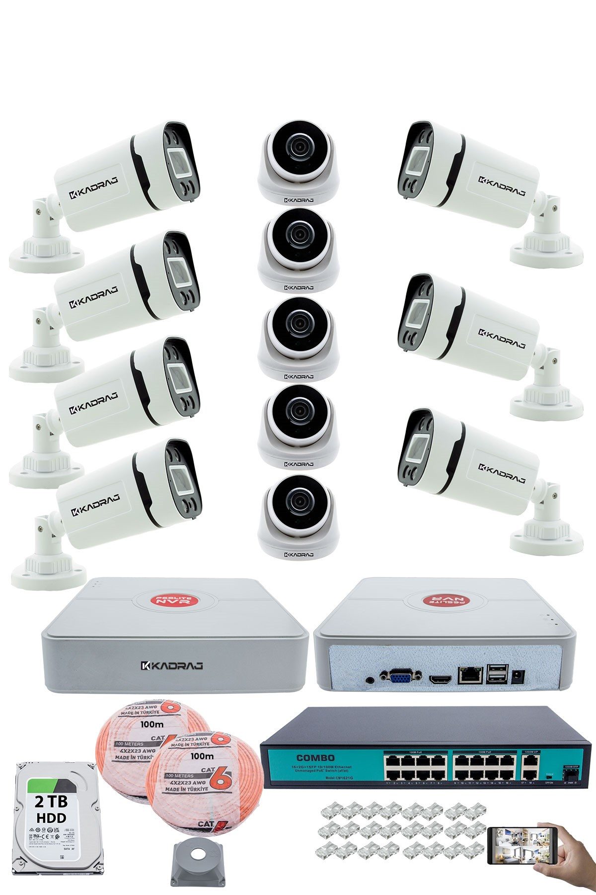 Kadraj IP Güvenlik Kamera Seti - 5 İç Mekan IP Kamera, 7 Dış Mekan IP Kamera, 2TB H.D.D, 16 Kanal NVR, Gece Görüş, Uzaktan İzleme, Hareket Tabiki, İnsan Tes