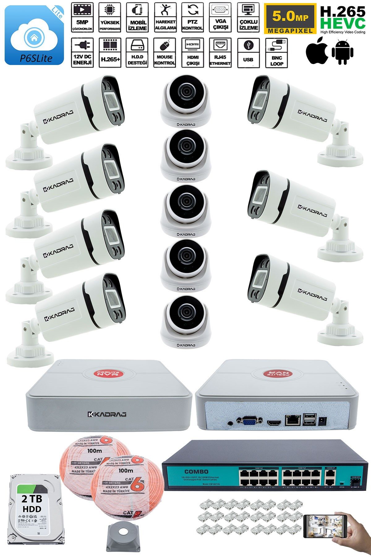 Kadraj IP Güvenlik Kamera Seti - 5 İç Mekan IP Kamera, 7 Dış Mekan IP Kamera, 2TB H.D.D, 16 Kanal NVR, Gece Görüş, Uzaktan İzleme, Hareket Tabiki, İnsan Tes - görsel 2
