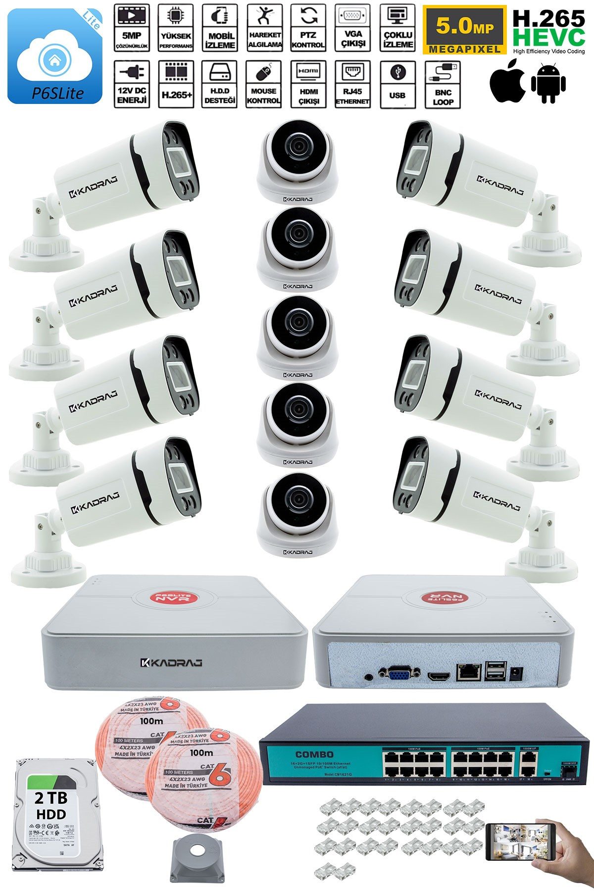 Kadraj IP Güvenlik Kamera Seti - 5 İç Mekan IP Kamera, 8 Dış Mekan IP Kamera, 2TB H.D.D, 16 Kanal NVR, Gece Görüş, Uzaktan İzleme, Hareket Tabiki, İnsan Tes - görsel 2