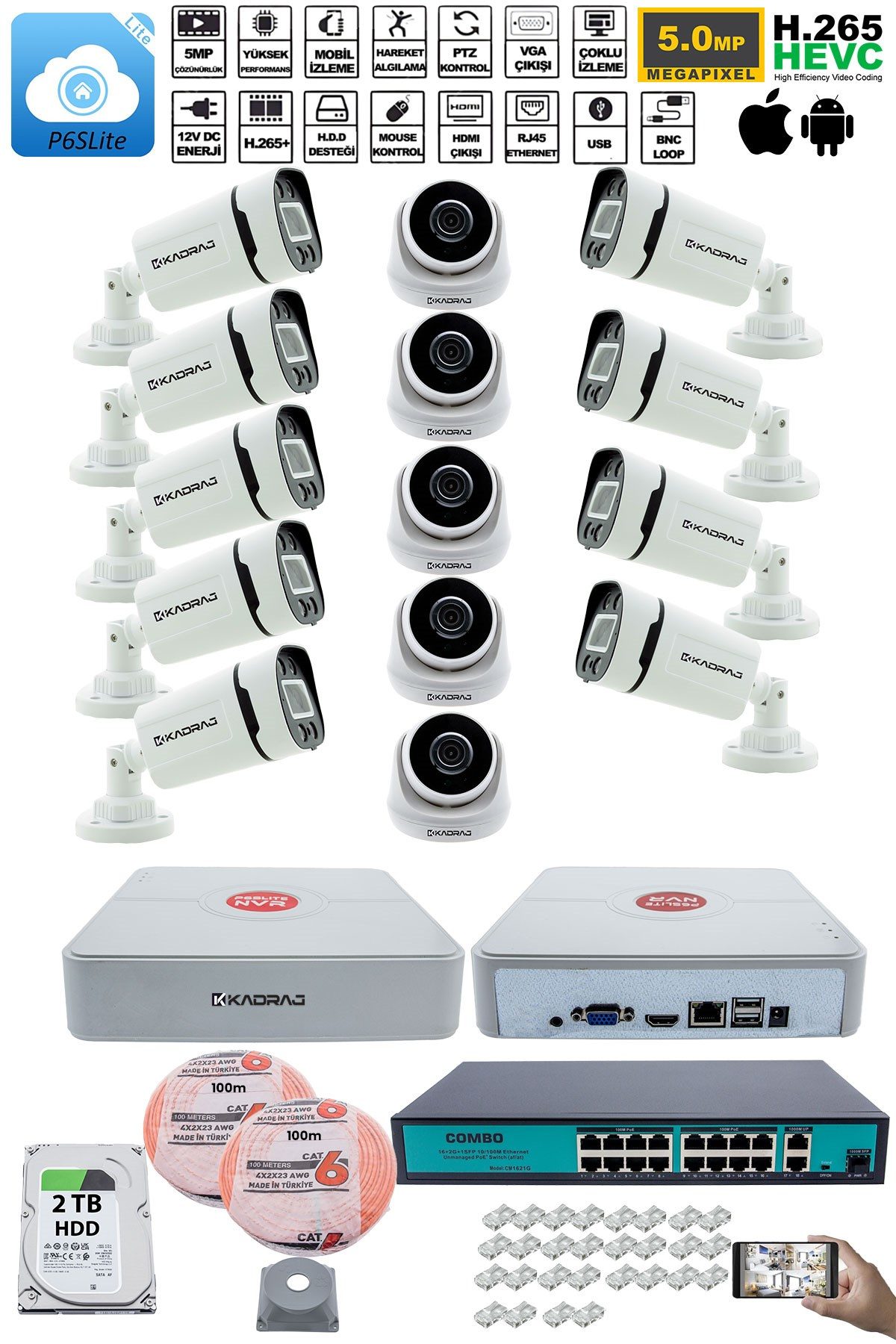 Kadraj IP Güvenlik Kamera Seti - 5 İç Mekan IP Kamera, 9 Dış Mekan IP Kamera, 2TB H.D.D, 16 Kanal NVR, Gece Görüş, Uzaktan İzleme, Hareket Tabiki, İnsan Tes - görsel 2
