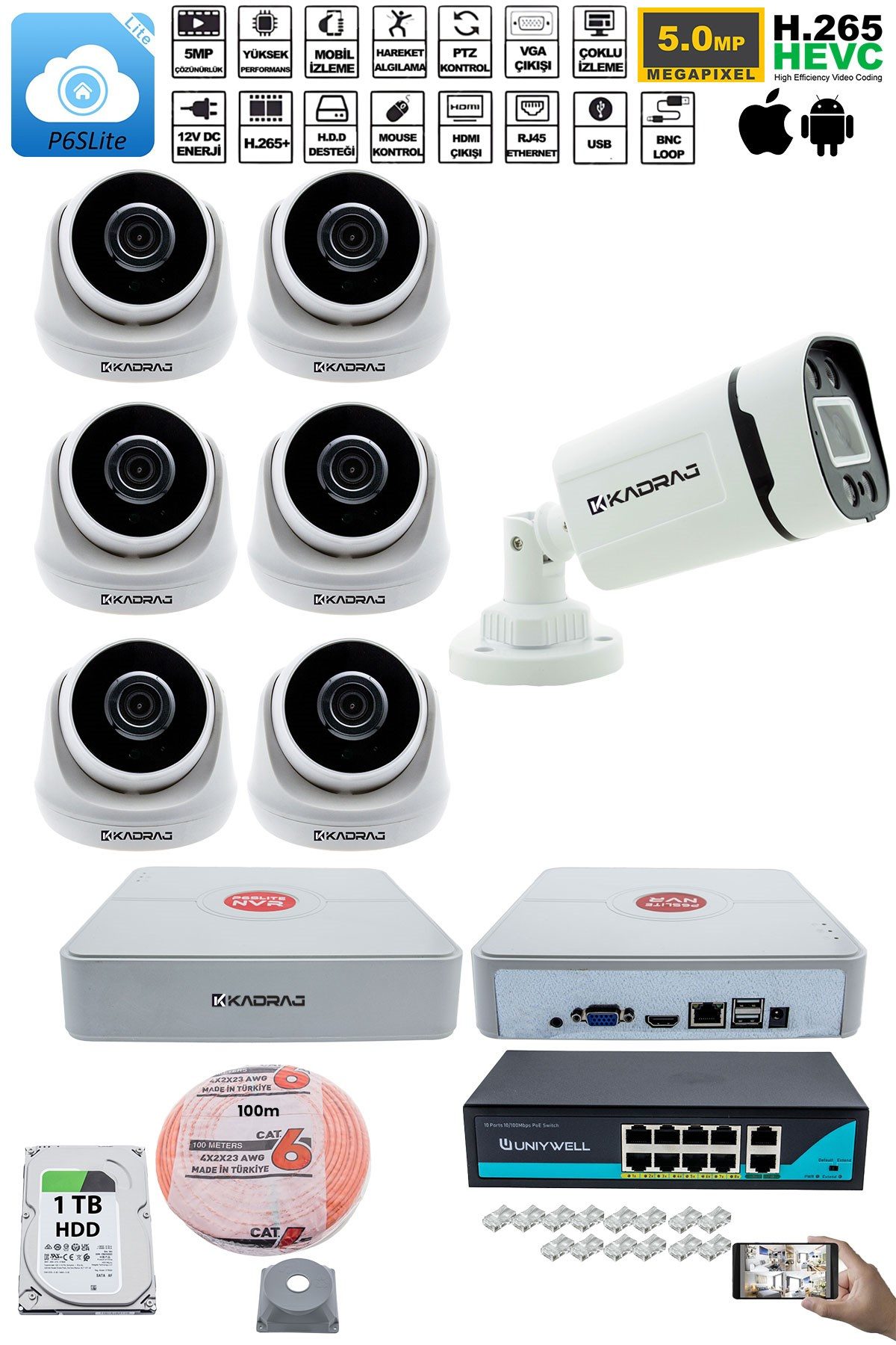 Kadraj IP Güvenlik Kamera Seti - 6 İç Mekan IP Kamera, 1 Dış Mekan IP Kamera, 1TB H.D.D, 9 Kanal NVR, Gece Görüş, Uzaktan İzleme, Hareket Tabiki, İnsan Tespi - görsel 2