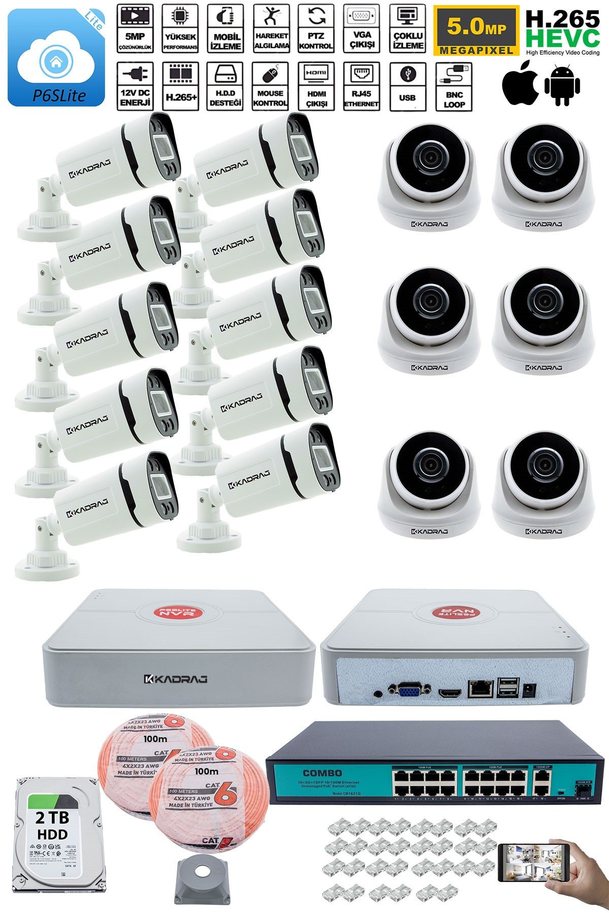 Kadraj IP Güvenlik Kamera Seti - 6 İç Mekan IP Kamera, 10 Dış Mekan IP Kamera, 2TB H.D.D, 16 Kanal NVR, Gece Görüş, Uzaktan İzleme, Hareket Tabiki, İnsan Tes - görsel 2