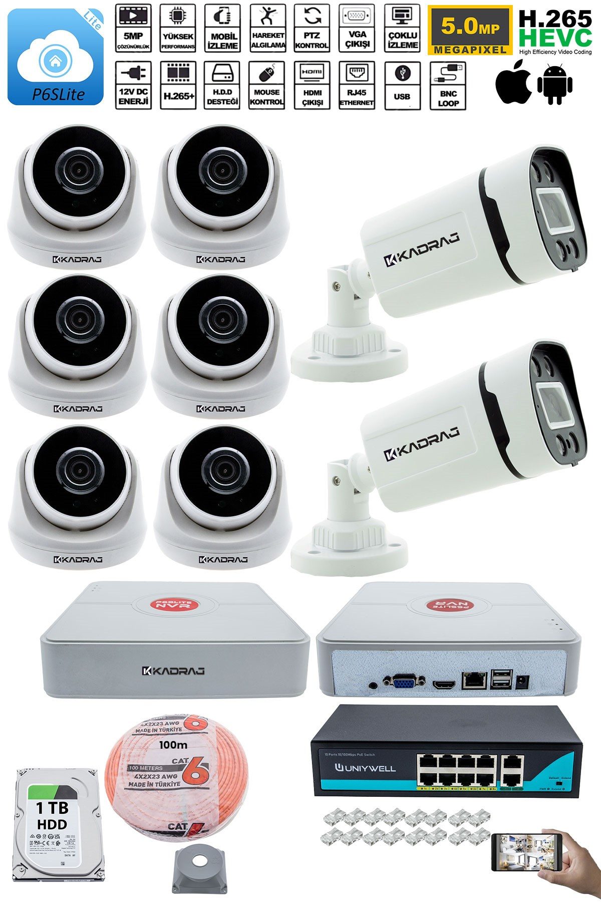 Kadraj IP Güvenlik Kamera Seti - 6 İç Mekan IP Kamera, 2 Dış Mekan IP Kamera, 1TB H.D.D, 9 Kanal NVR, Gece Görüş, Uzaktan İzleme, Hareket Tabiki, İnsan Tespi - görsel 2