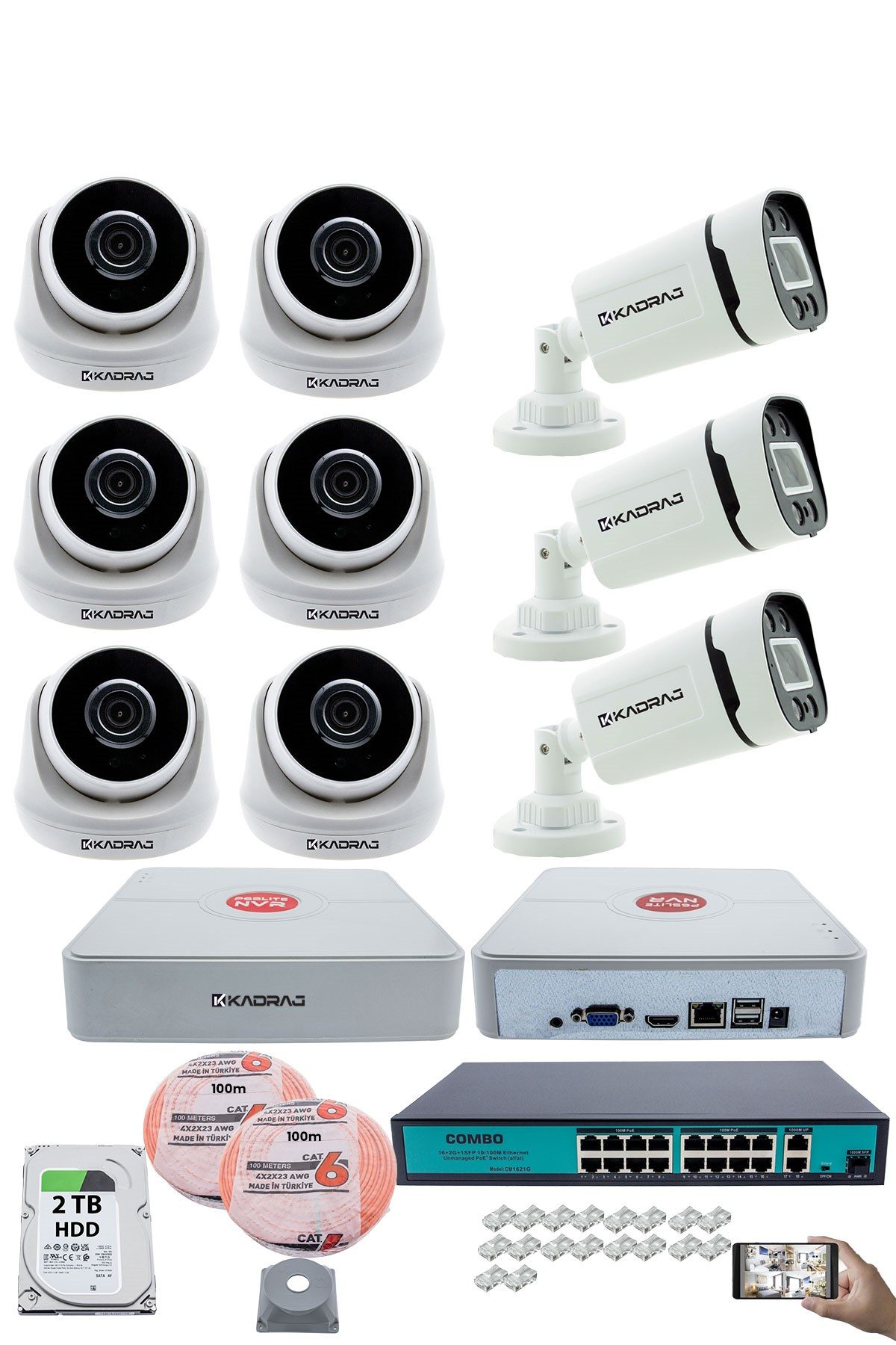 Kadraj IP Güvenlik Kamera Seti - 6 İç Mekan IP Kamera, 3 Dış Mekan IP Kamera, 2TB H.D.D, 16 Kanal NVR, Gece Görüş, Uzaktan İzleme, Hareket Tabiki, İnsan Tes