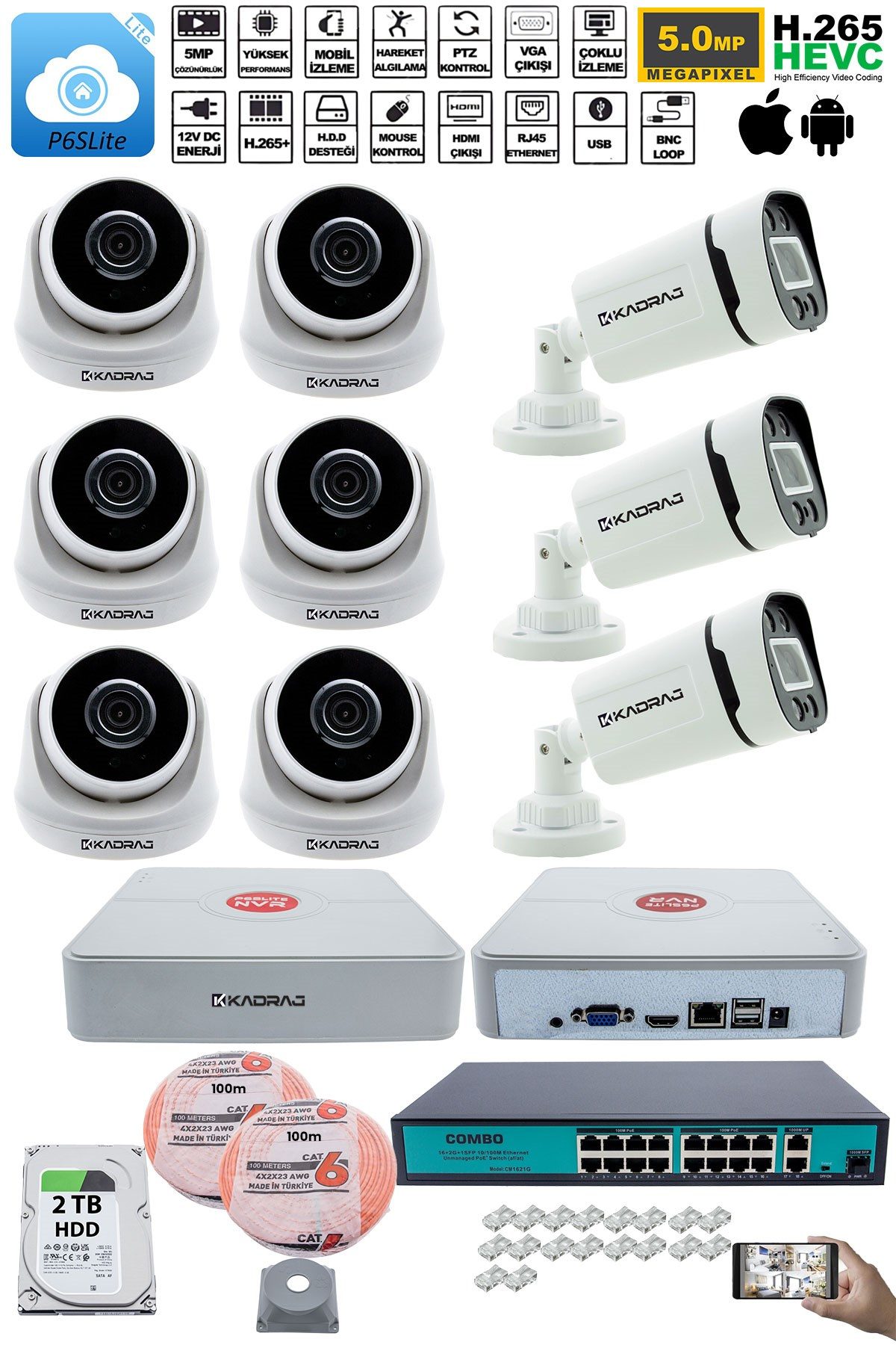 Kadraj IP Güvenlik Kamera Seti - 6 İç Mekan IP Kamera, 3 Dış Mekan IP Kamera, 2TB H.D.D, 16 Kanal NVR, Gece Görüş, Uzaktan İzleme, Hareket Tabiki, İnsan Tes - görsel 2