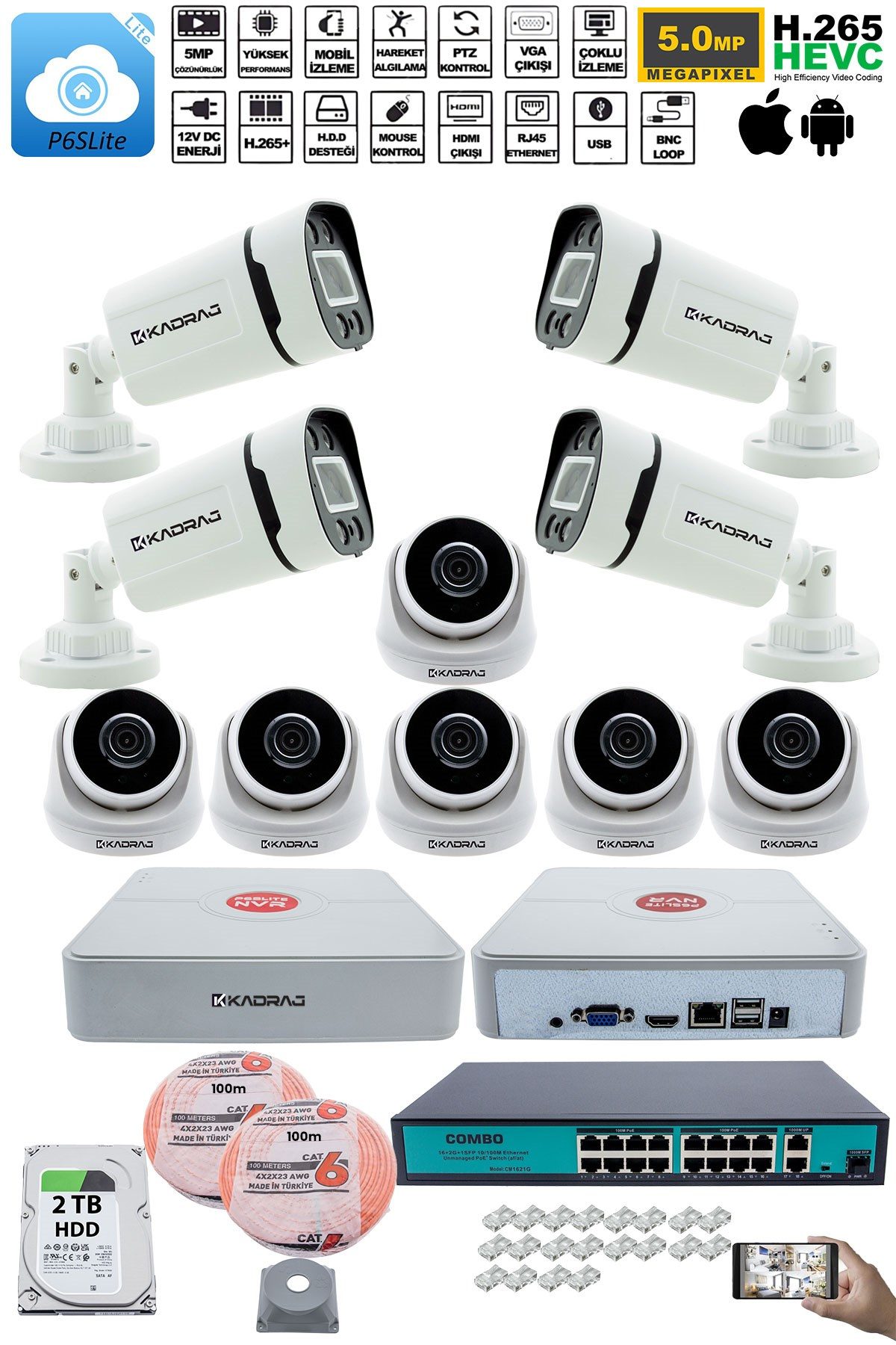 Kadraj IP Güvenlik Kamera Seti - 6 İç Mekan IP Kamera, 4 Dış Mekan IP Kamera, 2TB H.D.D, 16 Kanal NVR, Gece Görüş, Uzaktan İzleme, Hareket Tabiki, İnsan Tes - görsel 2