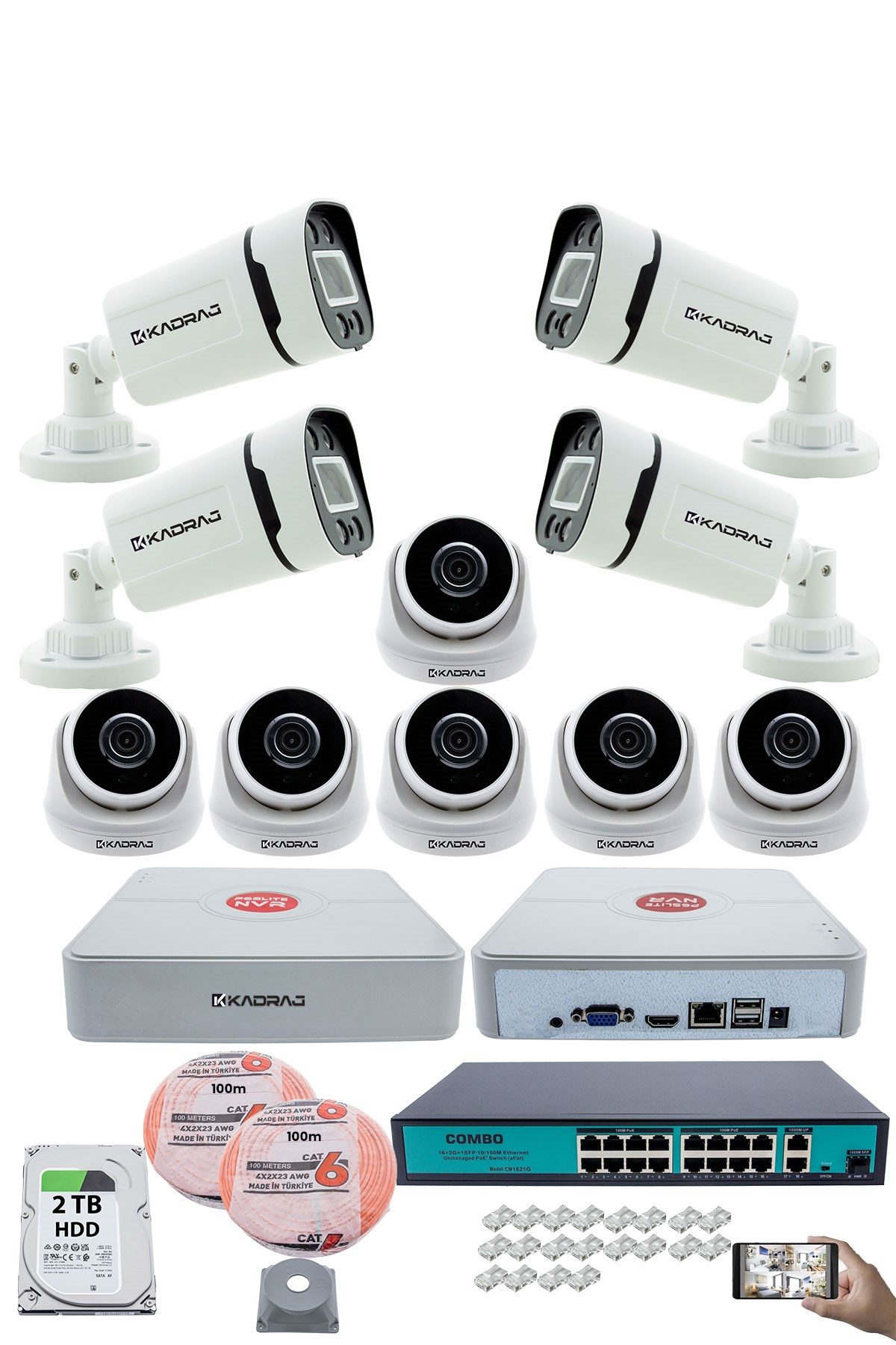 Kadraj IP Güvenlik Kamera Seti - 6 İç Mekan IP Kamera, 4 Dış Mekan IP Kamera, 2TB H.D.D, 16 Kanal NVR, Gece Görüş, Uzaktan İzleme, Hareket Tabiki, İnsan Tes