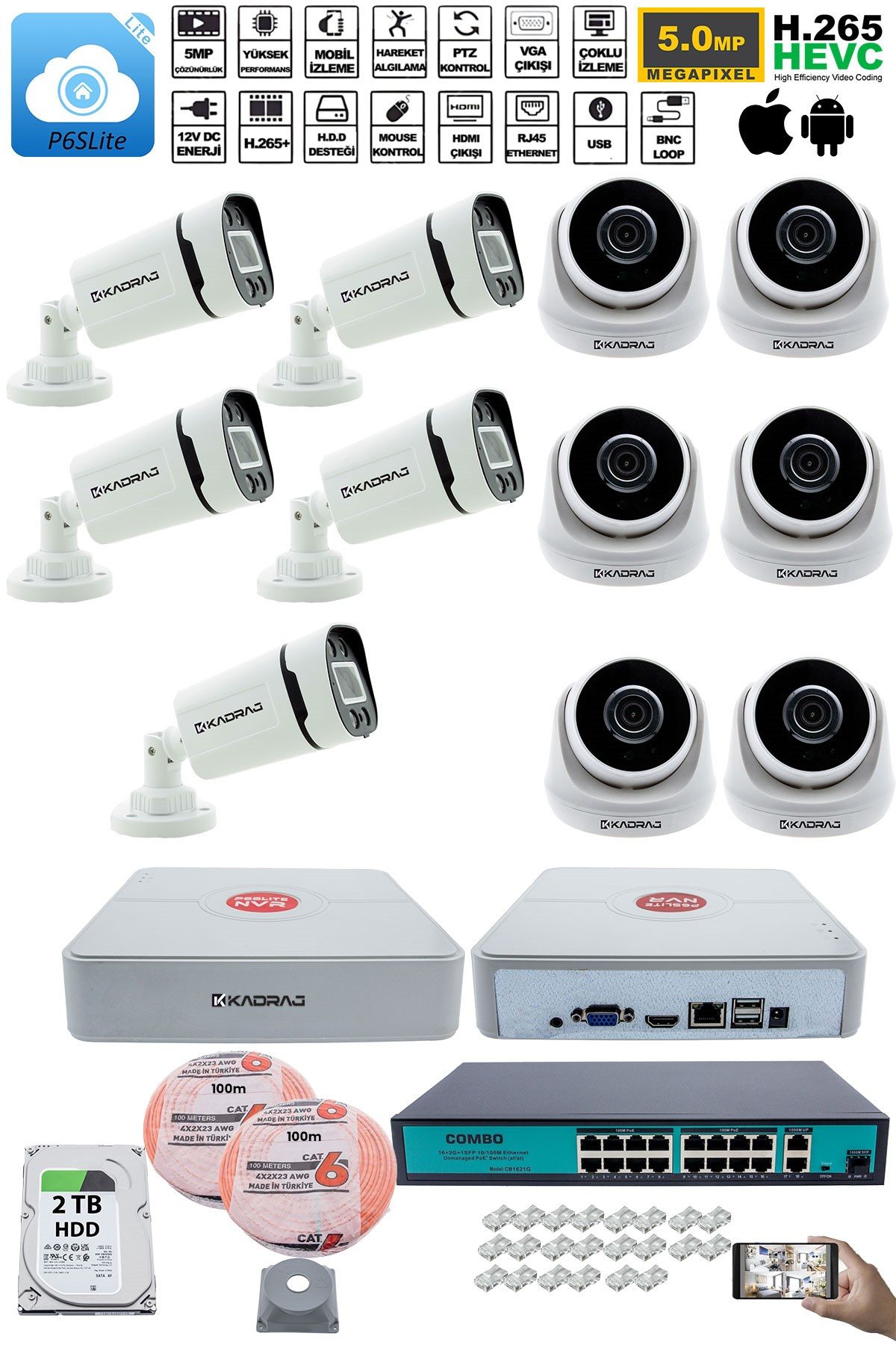 Kadraj IP Güvenlik Kamera Seti - 6 İç Mekan IP Kamera, 5 Dış Mekan IP Kamera, 2TB H.D.D, 16 Kanal NVR, Gece Görüş, Uzaktan İzleme, Hareket Tabiki, İnsan Tes - görsel 2
