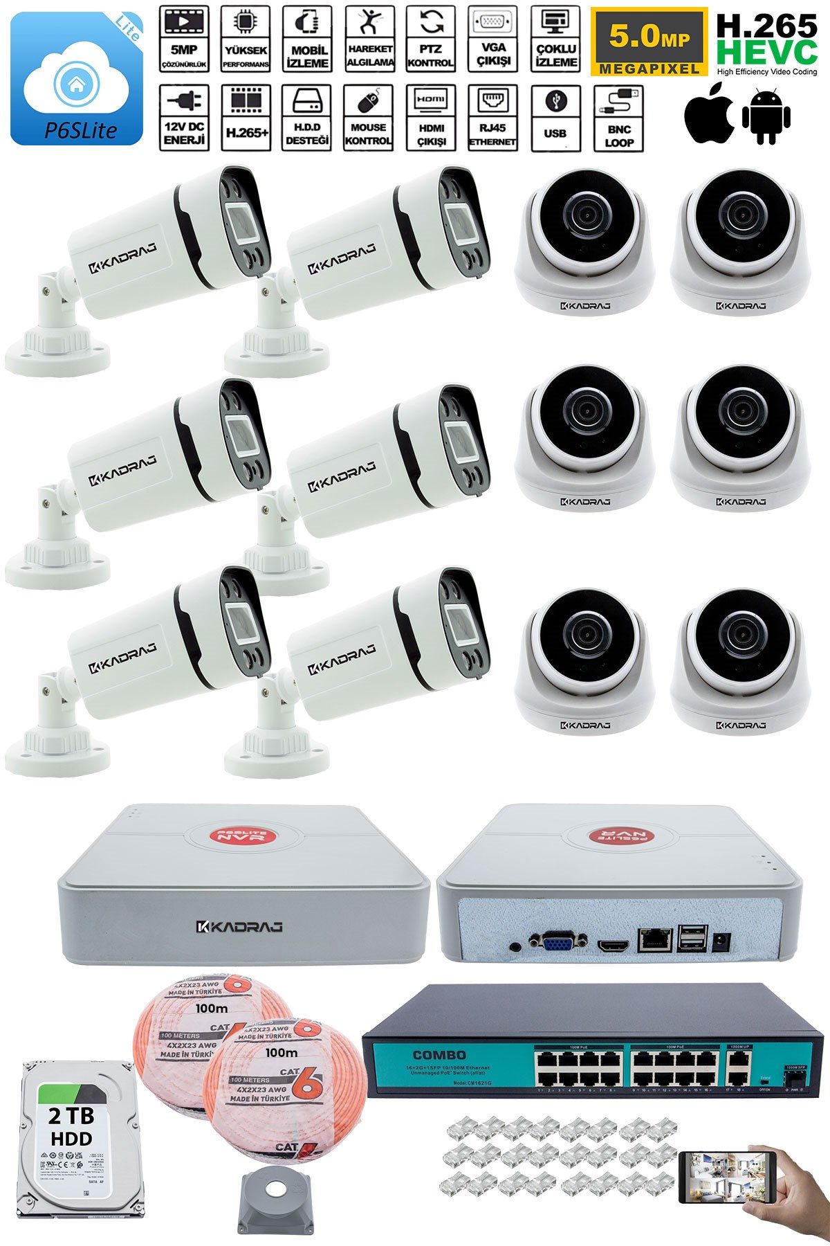 Kadraj IP Güvenlik Kamera Seti - 6 İç Mekan IP Kamera, 6 Dış Mekan IP Kamera, 2TB H.D.D, 16 Kanal NVR, Gece Görüş, Uzaktan İzleme, Hareket Tabiki, İnsan Tes - görsel 2