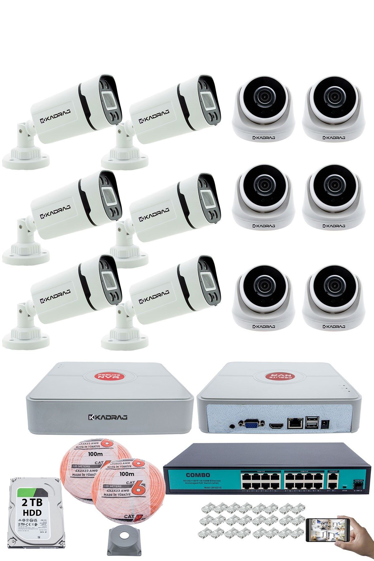 Kadraj IP Güvenlik Kamera Seti - 6 İç Mekan IP Kamera, 6 Dış Mekan IP Kamera, 2TB H.D.D, 16 Kanal NVR, Gece Görüş, Uzaktan İzleme, Hareket Tabiki, İnsan Tes