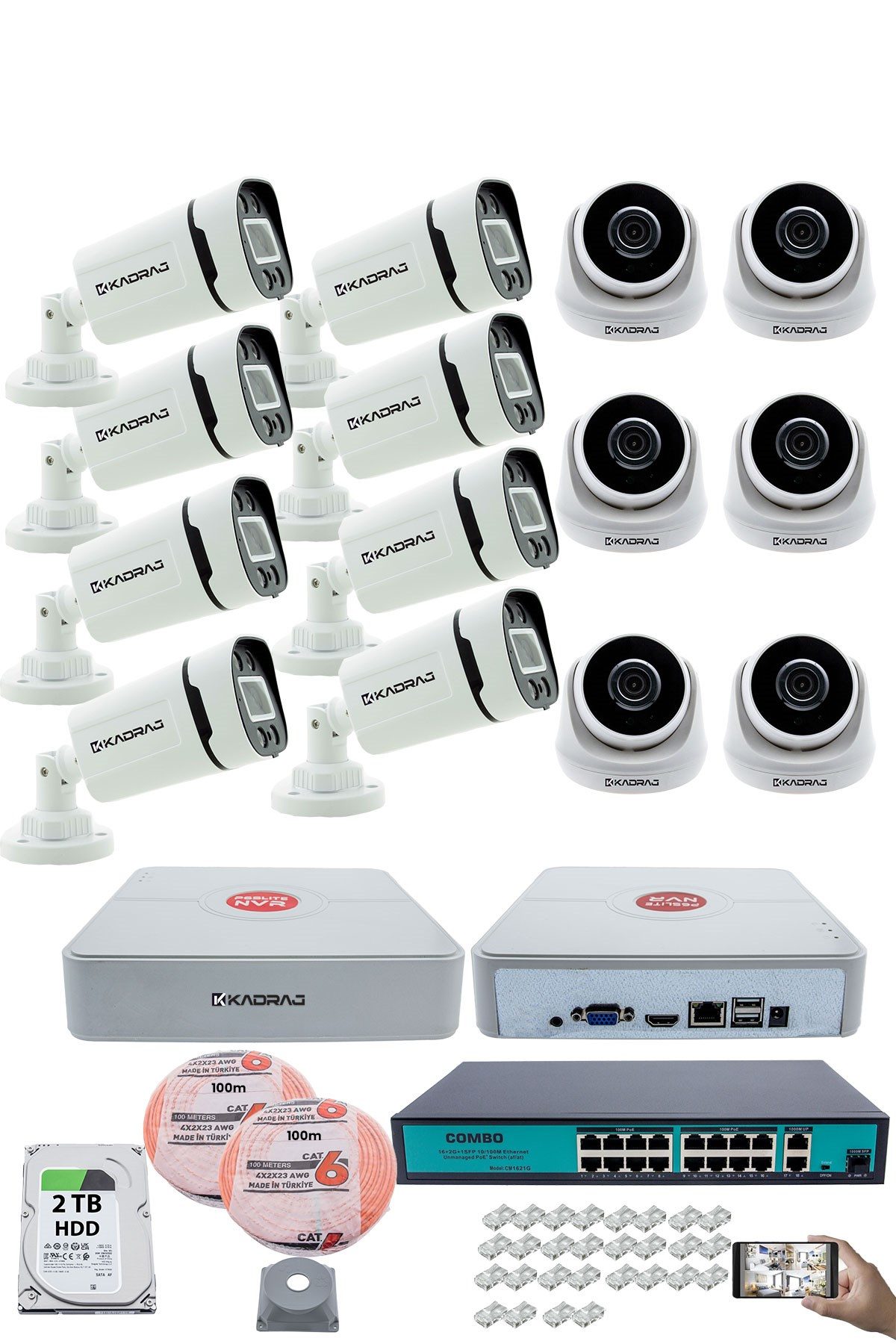 Kadraj IP Güvenlik Kamera Seti - 6 İç Mekan IP Kamera, 8 Dış Mekan IP Kamera, 2TB H.D.D, 16 Kanal NVR, Gece Görüş, Uzaktan İzleme, Hareket Tabiki, İnsan Tes