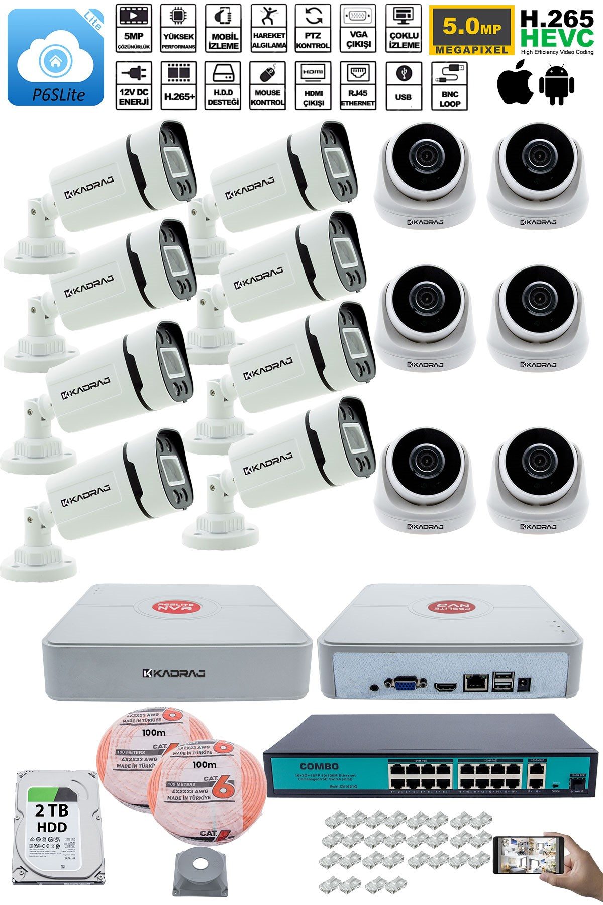 Kadraj IP Güvenlik Kamera Seti - 6 İç Mekan IP Kamera, 8 Dış Mekan IP Kamera, 2TB H.D.D, 16 Kanal NVR, Gece Görüş, Uzaktan İzleme, Hareket Tabiki, İnsan Tes - görsel 2