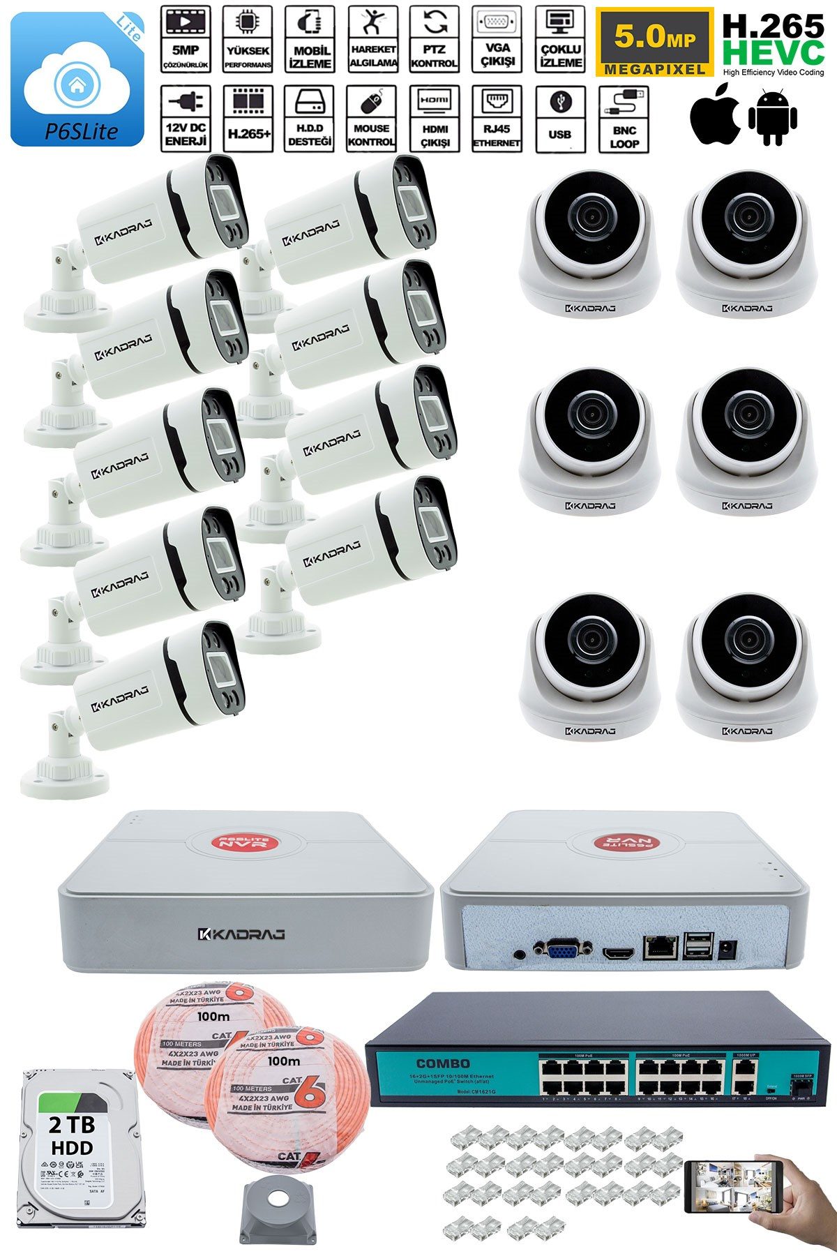 Kadraj IP Güvenlik Kamera Seti - 6 İç Mekan IP Kamera, 9 Dış Mekan IP Kamera, 2TB H.D.D, 16 Kanal NVR, Gece Görüş, Uzaktan İzleme, Hareket Tabiki, İnsan Tes - görsel 2