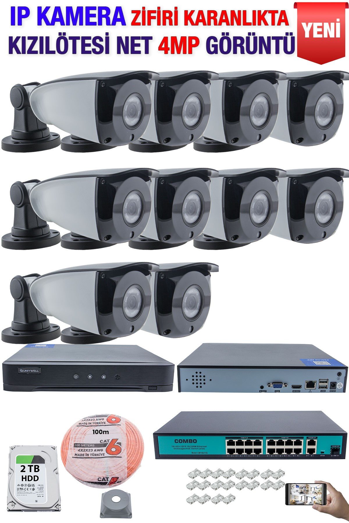 Kadraj IP Kamera Seti - 10 IP Kamera - 10 Kanal NVR - 16 Port POE Switch, 2 TB Disk, Gece Görüşlü (IR)