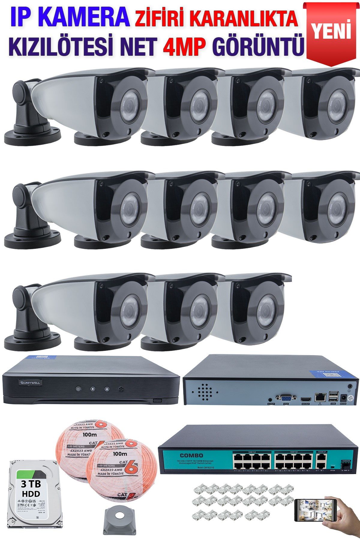 Kadraj IP Kamera Seti - 11 IP Kamera - 16 Kanal NVR - 16 Port POE Switch, 3 TB Disk, Gece Görüşlü (IR)