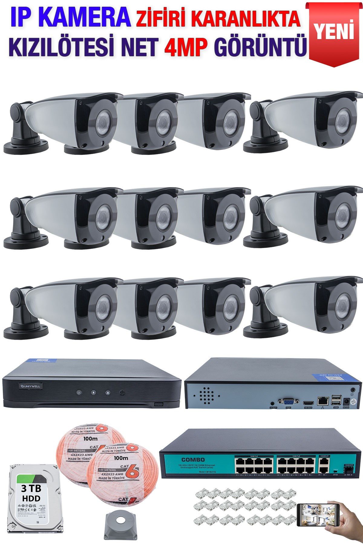 Kadraj IP Kamera Seti - 12 IP Kamera - 16 Kanal NVR - 16 Port POE Switch, 3 TB Disk, Gece Görüşlü (IR)