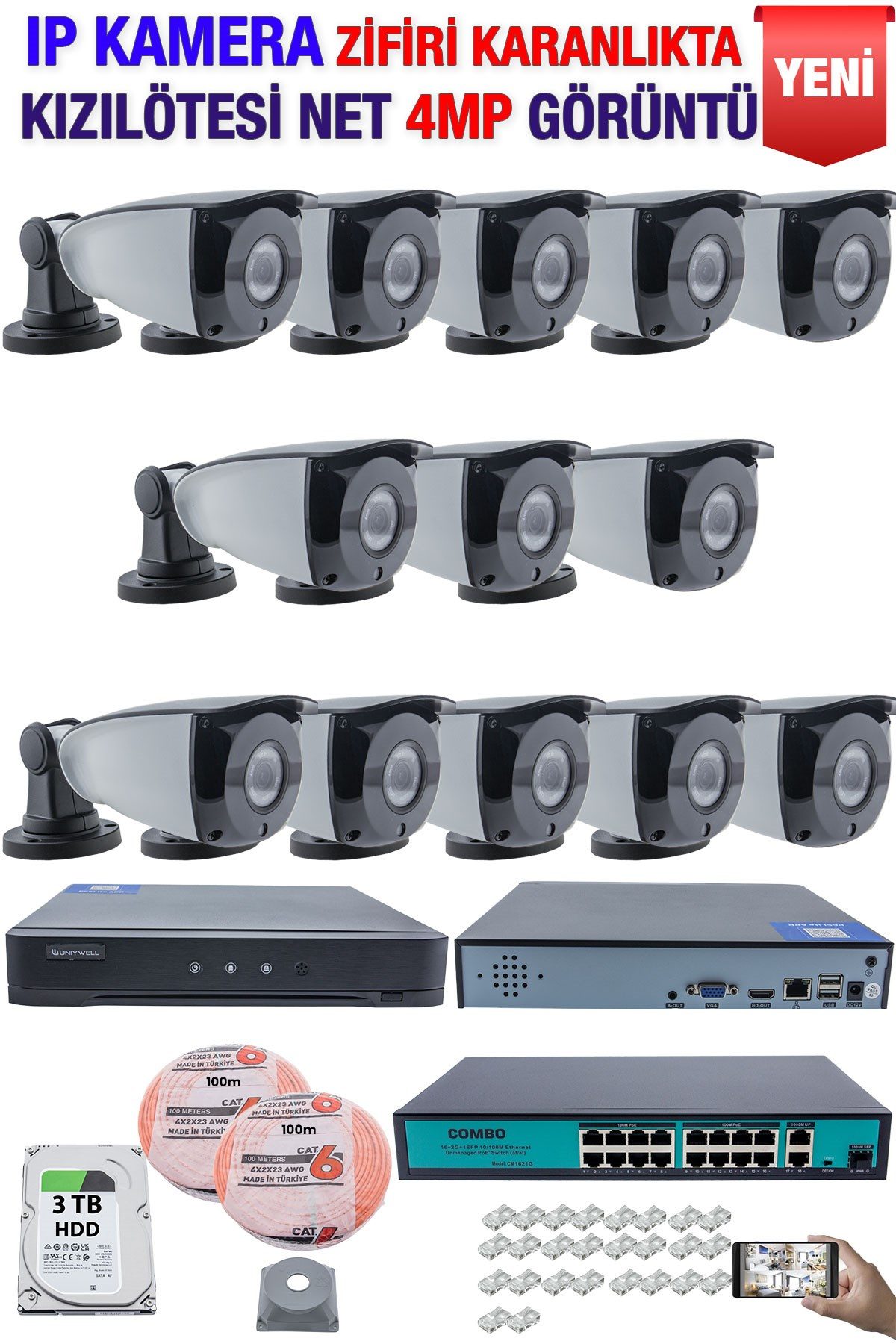 Kadraj IP Kamera Seti - 13 IP Kamera - 16 Kanal NVR - 16 Port POE Switch, 3 TB Disk, Gece Görüşlü (IR)