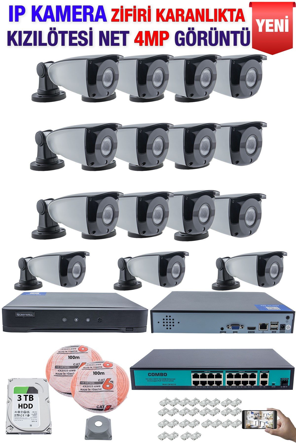 Kadraj IP Kamera Seti - 15 IP Kamera - 16 Kanal NVR - 16 Port POE Switch, 3 TB Disk, Gece Görüşlü (IR)