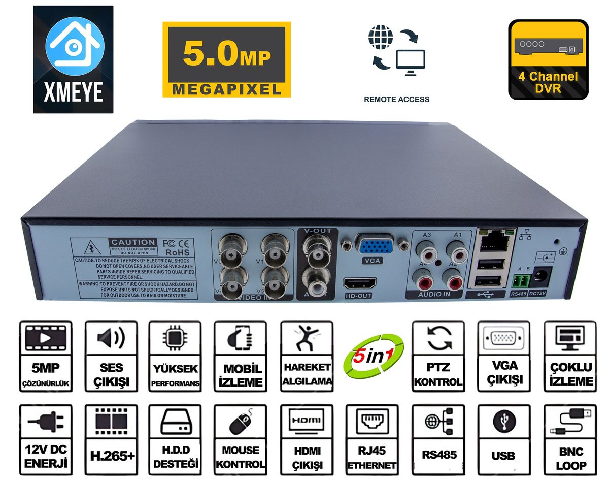 Kadraj Kadraj 4 Kanal 5MP Kamera Kayıt Cihazı AHD DVR 1080P H265+ Plus 5in1 Hibrit Xmeye - görsel 3