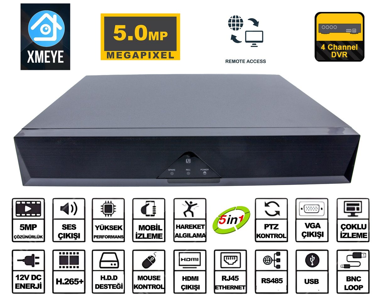 Kadraj Kadraj 4 Kanal 5MP Kamera Kayıt Cihazı AHD DVR 1080P H265+ Plus 5in1 Hibrit Xmeye - görsel 2