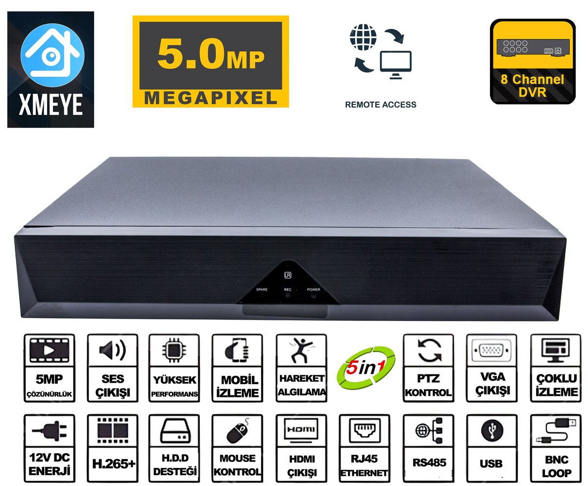 Kadraj Kadraj 8 Kanal 5MP 1080P Kamera Kayıt Cihazı AHD DVR H265+ Plus 5in1 Hibrit Xmeye - görsel 2