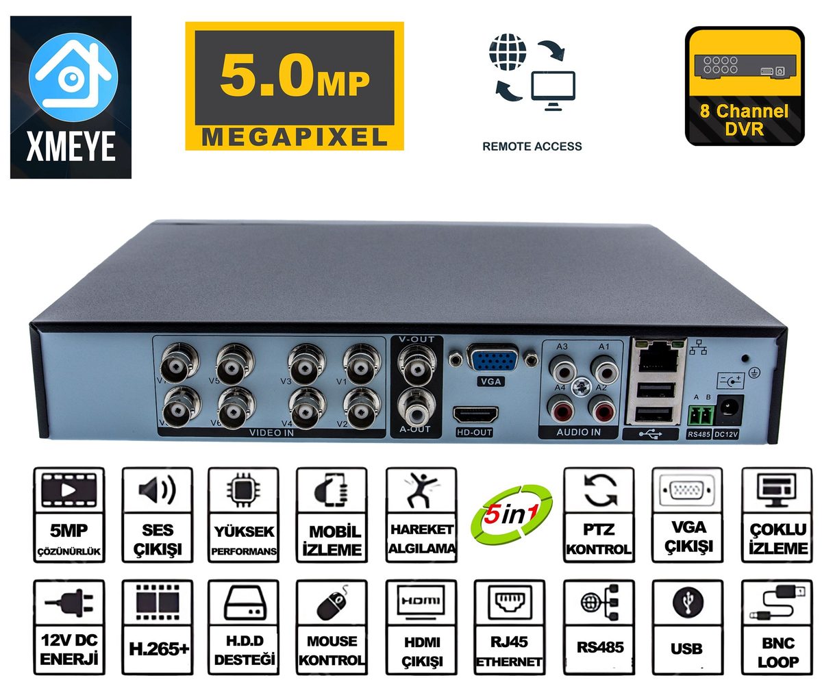 Kadraj Kadraj 8 Kanal 5MP 1080P Kamera Kayıt Cihazı AHD DVR H265+ Plus 5in1 Hibrit Xmeye - görsel 3