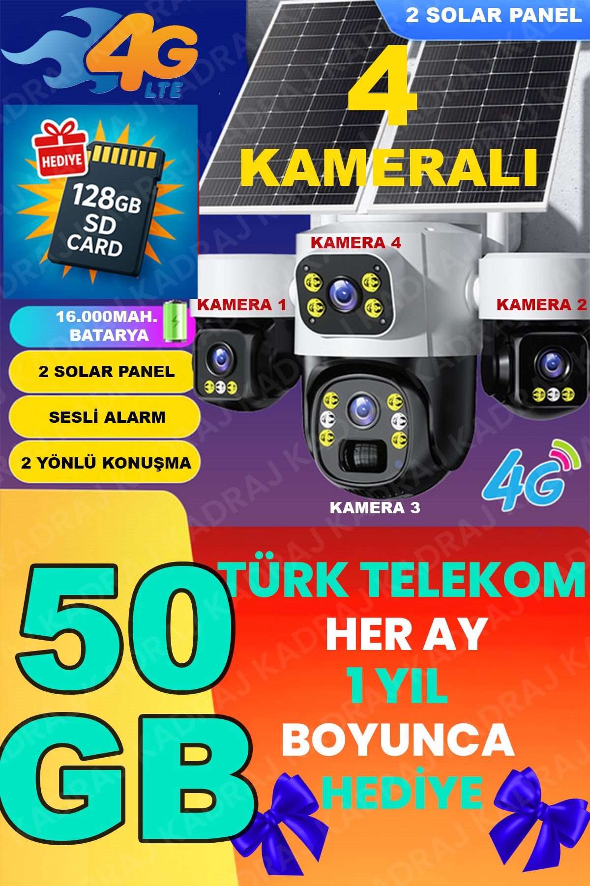 Kadraj Kadraj X34B – 4 Kameralı, 4G Sim Kartlı, 2 Solar Panel Destekli, 50GB Türk Telekom M2M Hat Hediyel