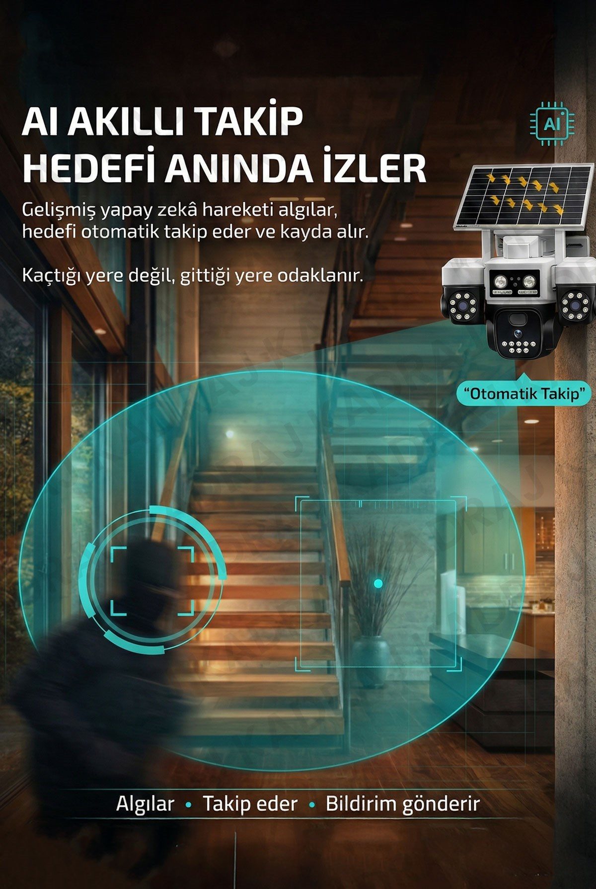 Kadraj Polis Çakarlı WIFI Kamera , Dahili Batarya , Solar Panel , Sesli Konuşma , Alarm , Okam Uygulama - görsel 4
