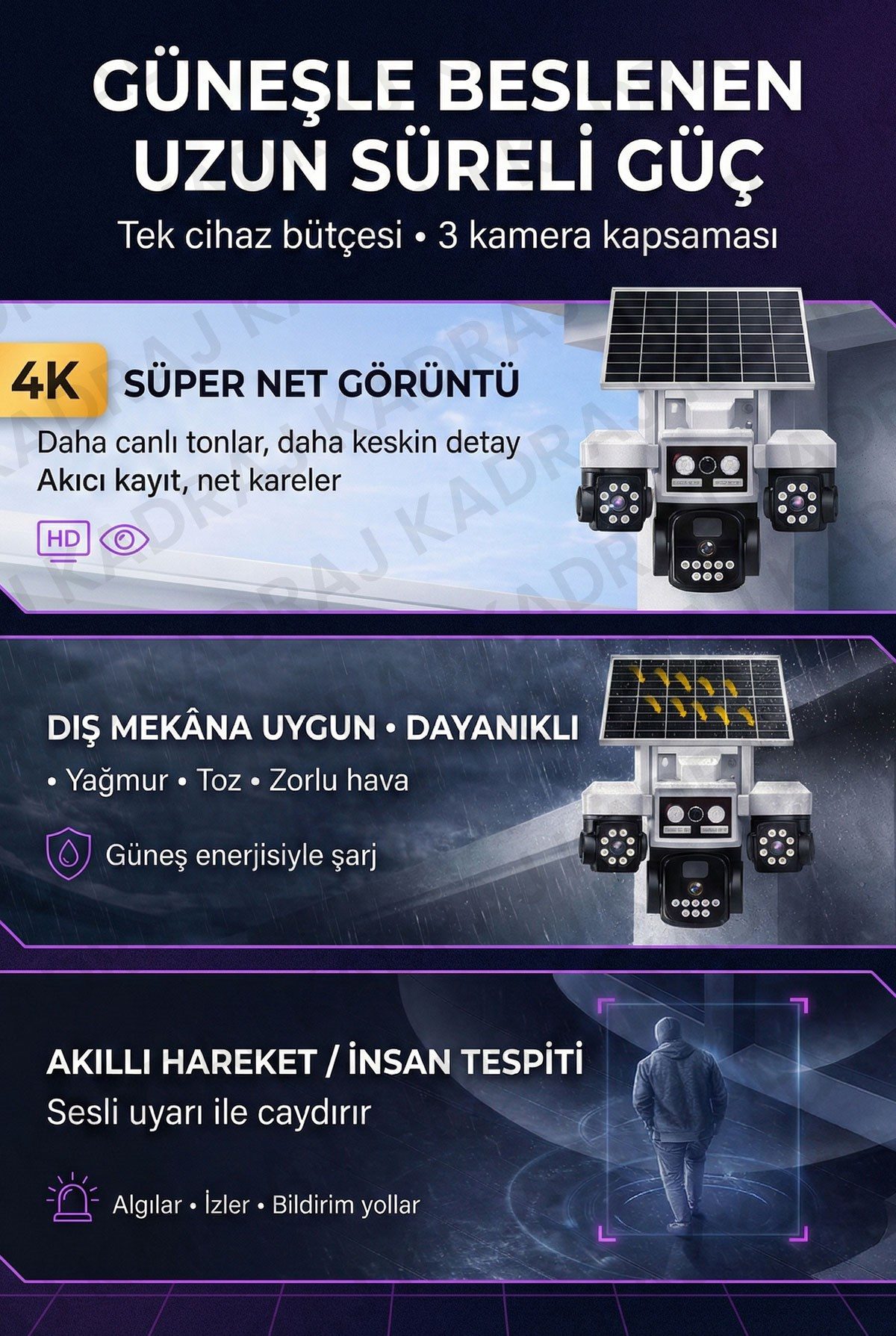 Kadraj Polis Çakarlı WIFI Kamera , Dahili Batarya , Solar Panel , Sesli Konuşma , Alarm , Okam Uygulama - görsel 2